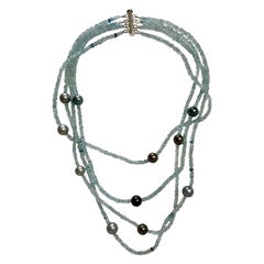 Multi Strand Choker Aquamarine Beads and Lustrous Tahiti Pearls