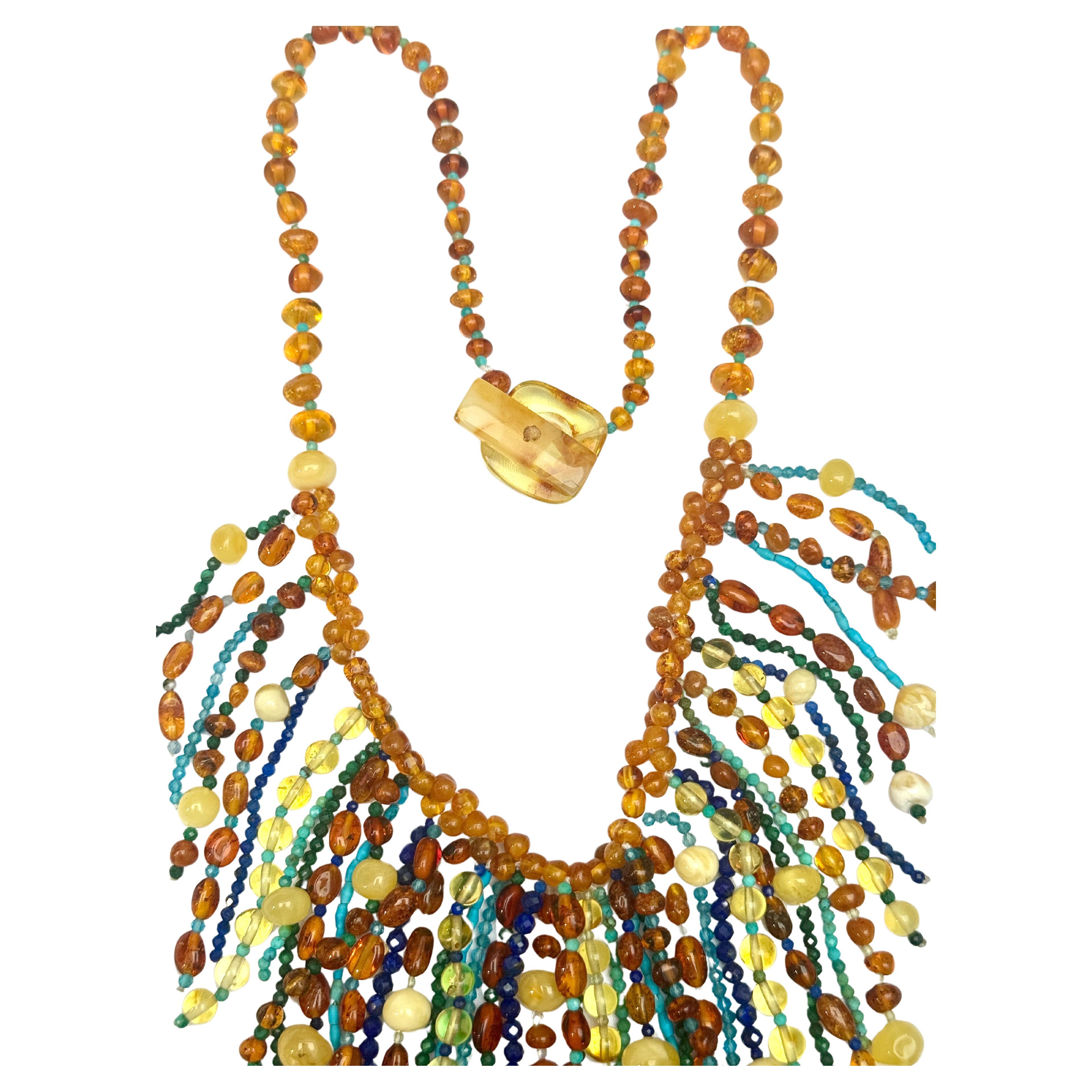 Collana a più fili in stile Cleopatra con ambra, turchese e lapislazzuli In condizioni Nuovo in vendita a Lake Worth, FL