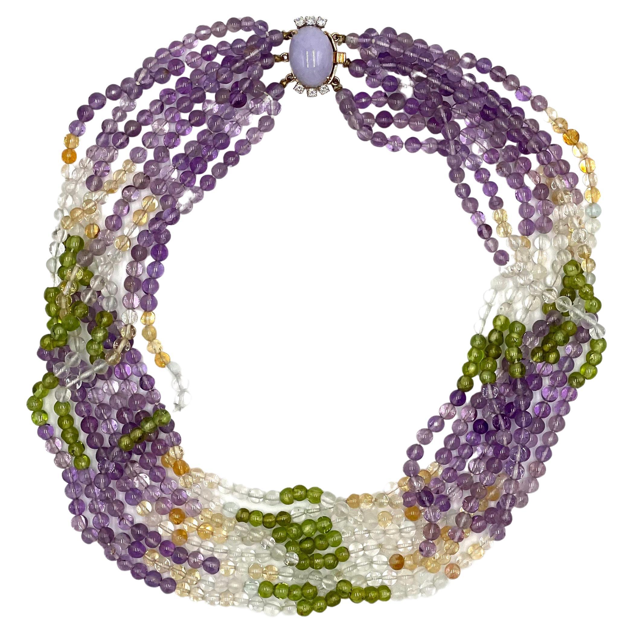 Multi Strand Colorful Necklace with Lavender Jade Clasp For Sale