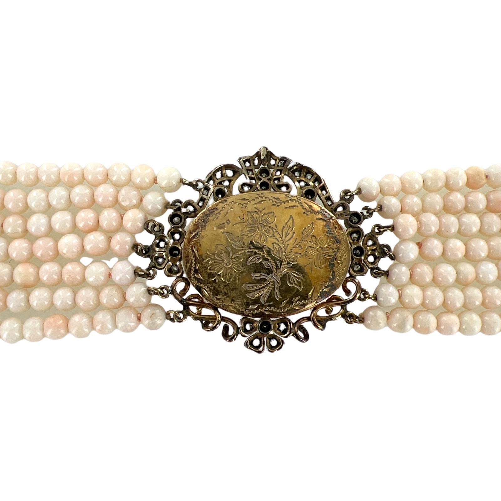 Women's Multi-Strand Coral Bead Mother of Pearl Diamond 14 Karat Yellow Gold Bracelet For Sale