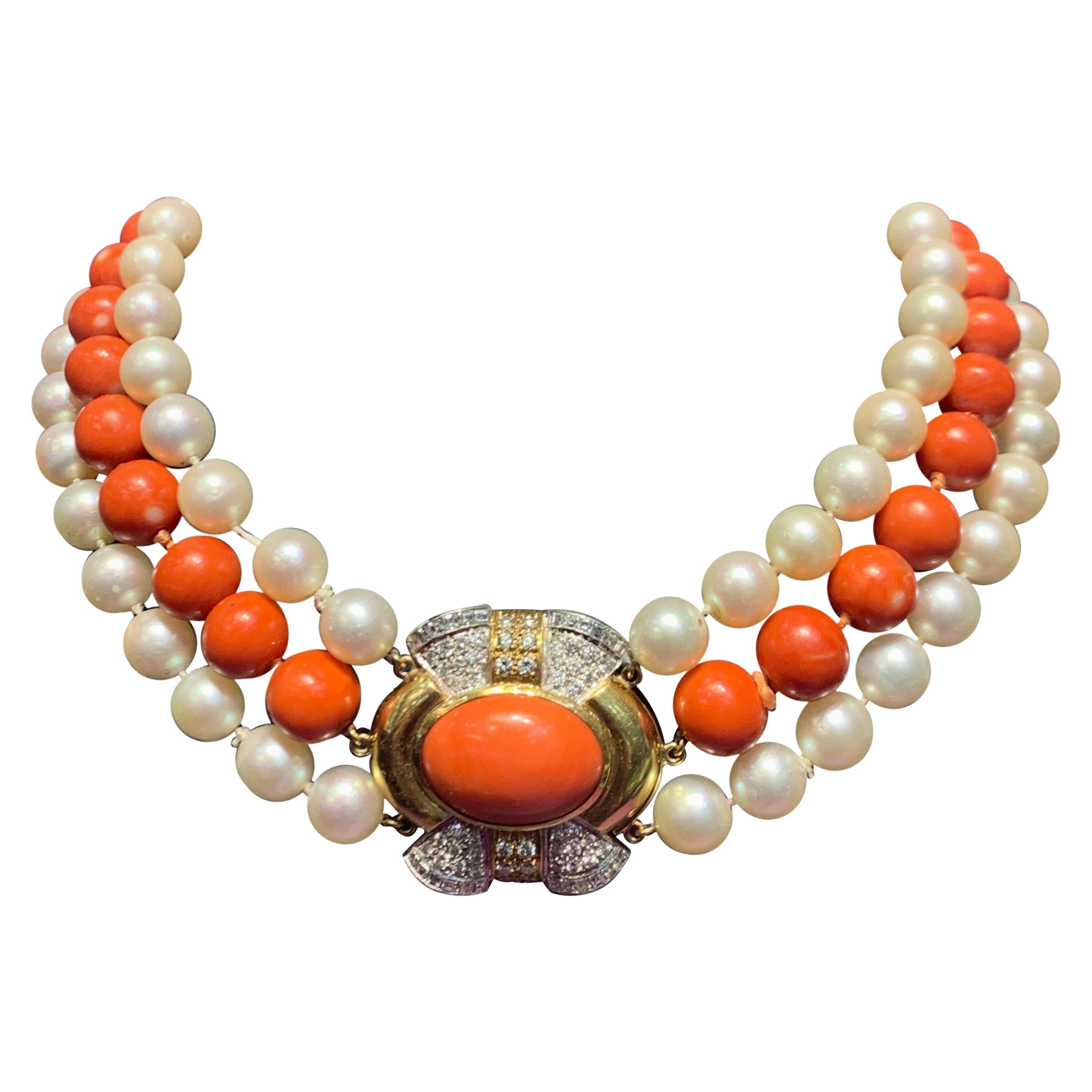 Multi Strand Coral & Pearl Necklace in vendita