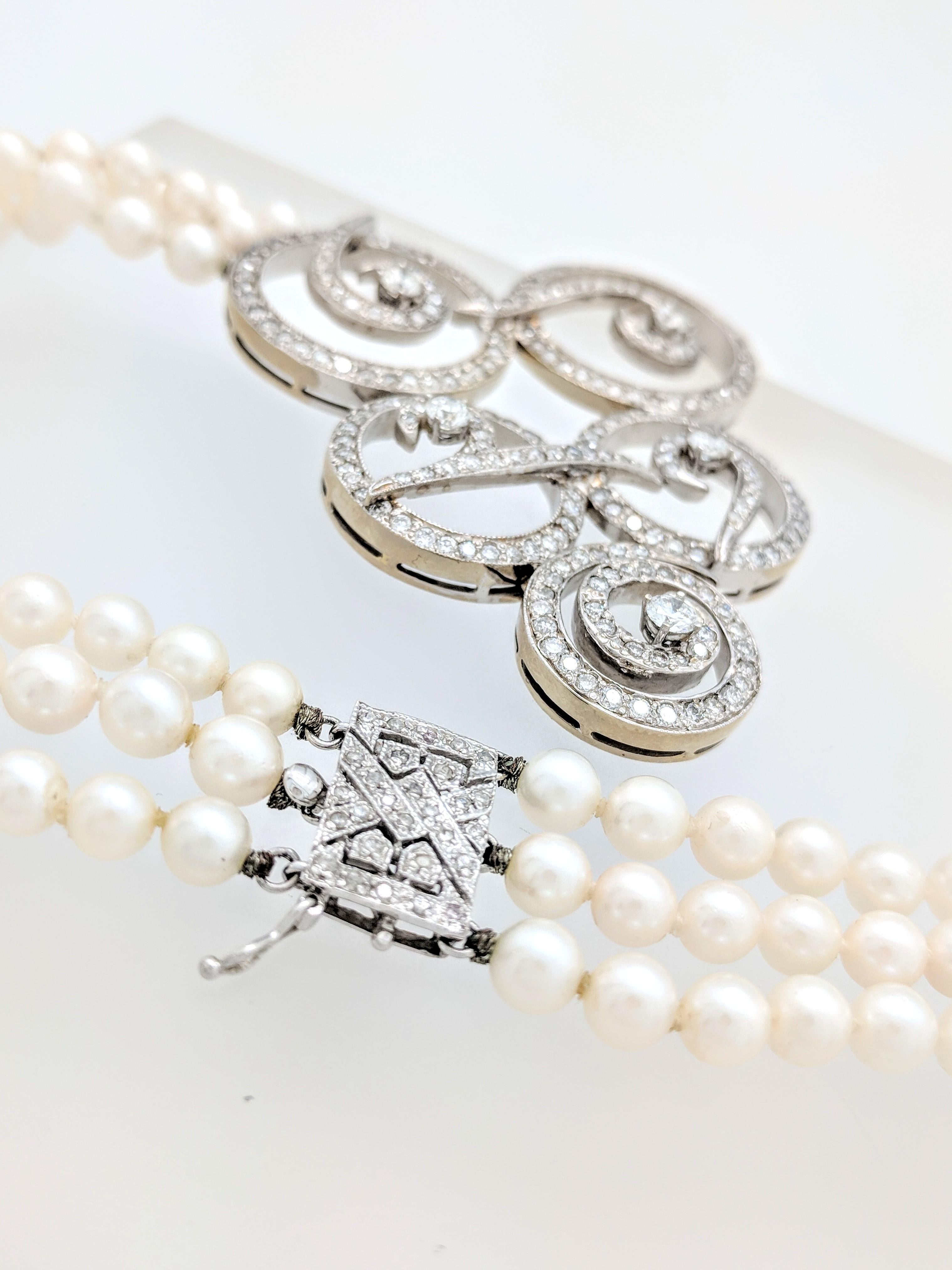 Multi Strand Cultured Akoya Pearl Diamond Enhancer Necklace For Sale 6