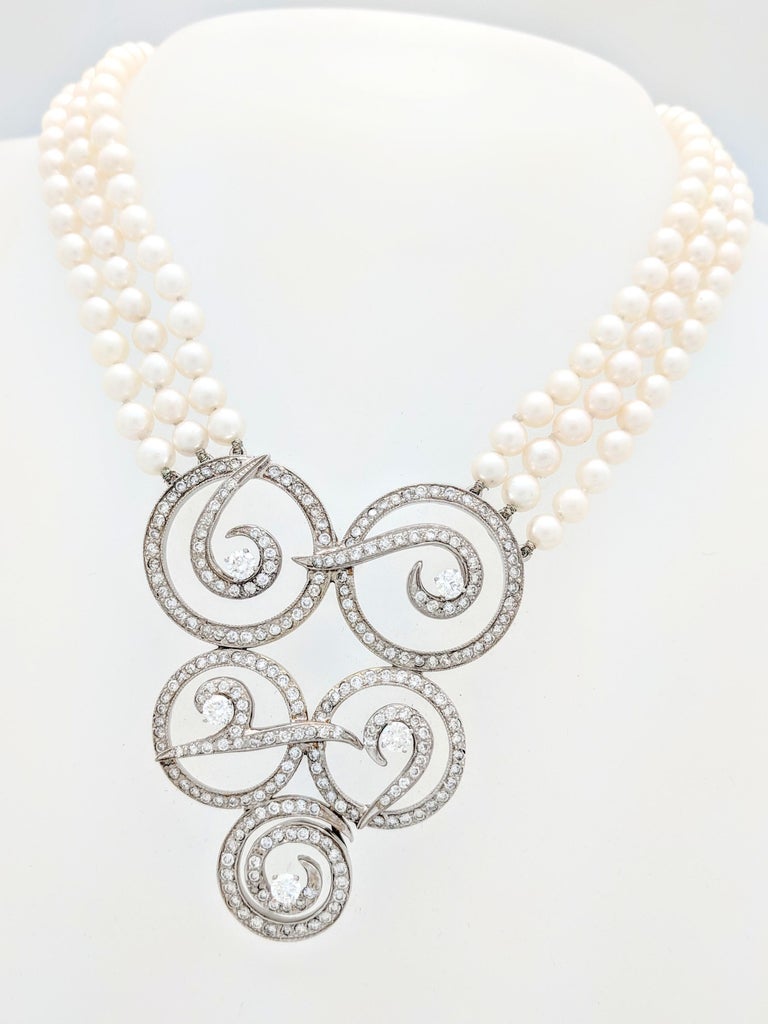 Multi Strand Cultured Akoya Pearl Diamond Enhancer Necklace For Sale at