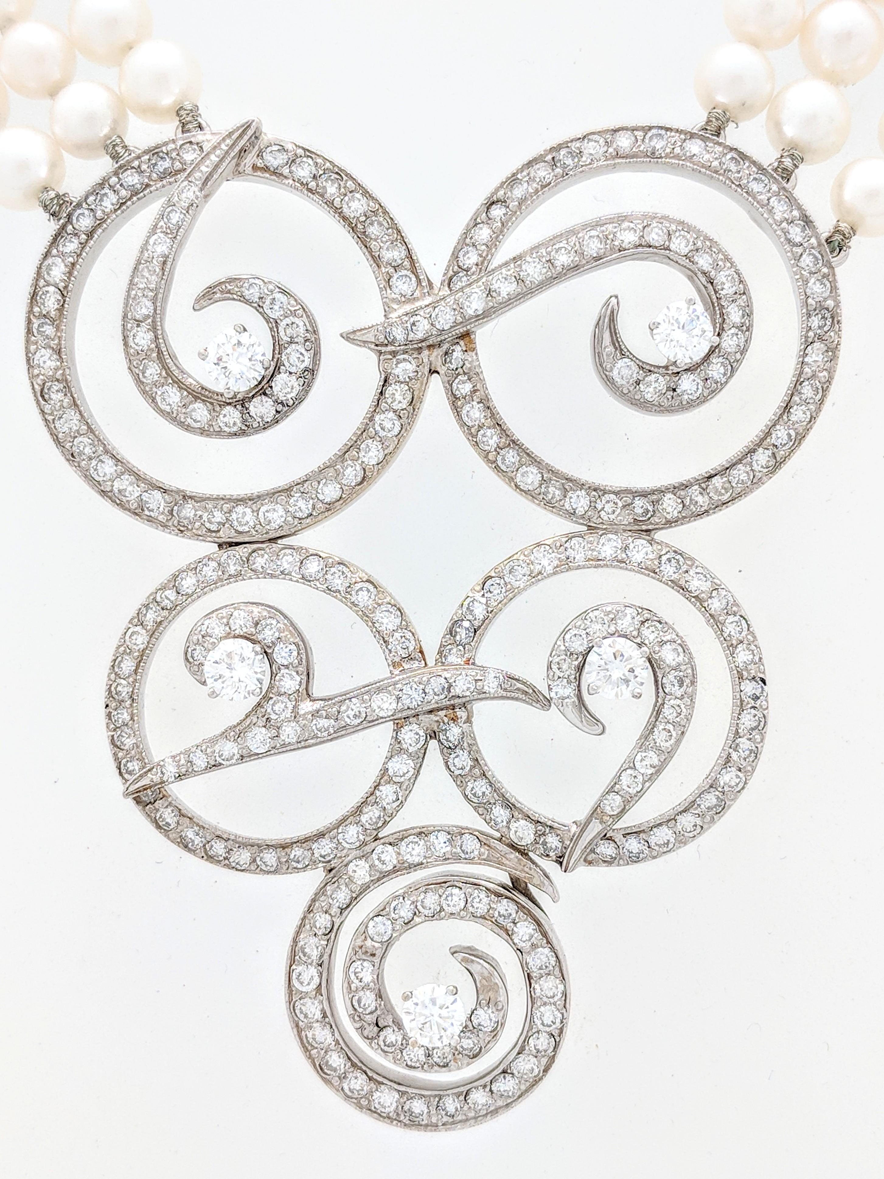 Art Deco Multi Strand Cultured Akoya Pearl Diamond Enhancer Necklace For Sale
