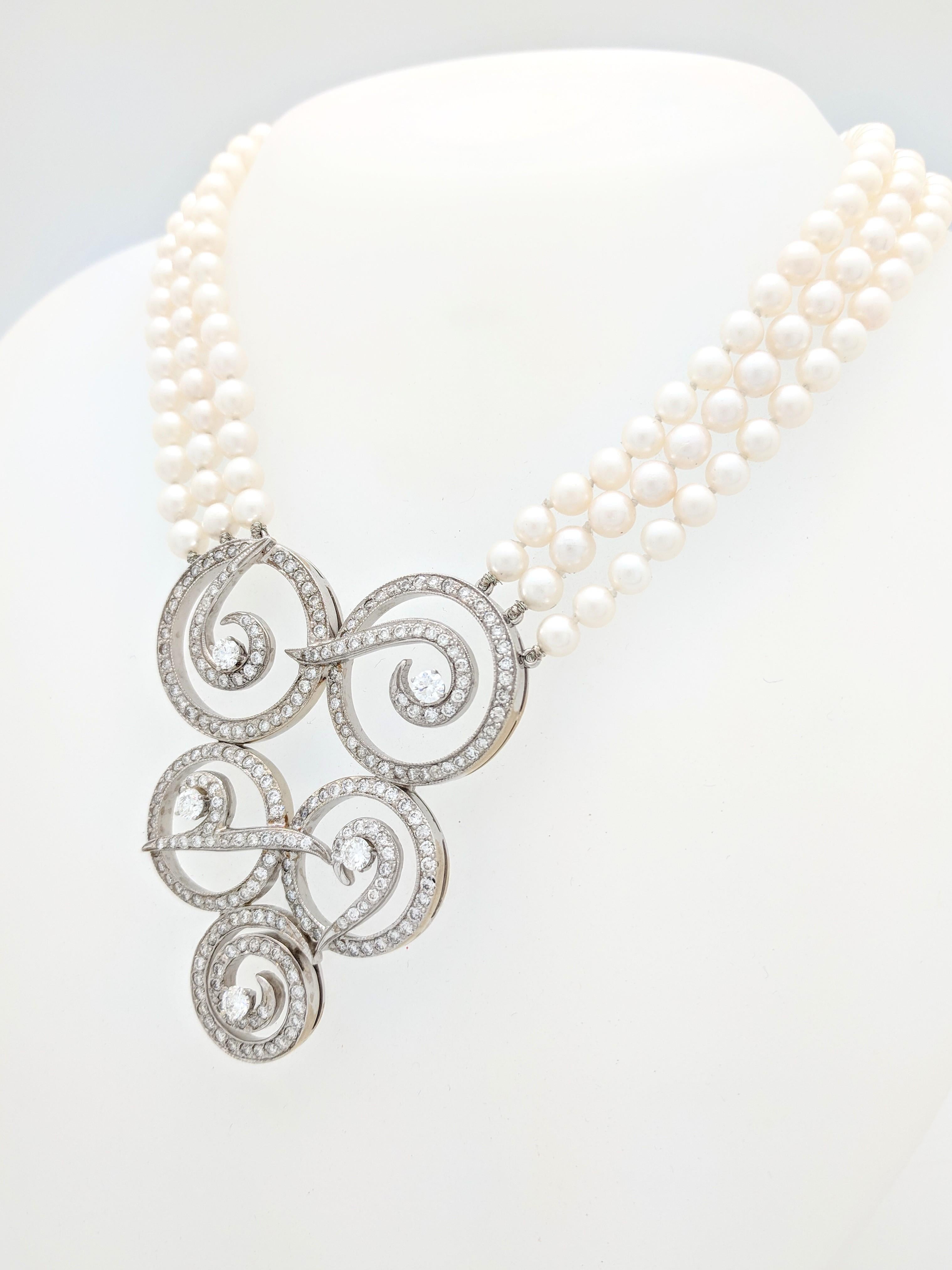 Women's Multi Strand Cultured Akoya Pearl Diamond Enhancer Necklace For Sale