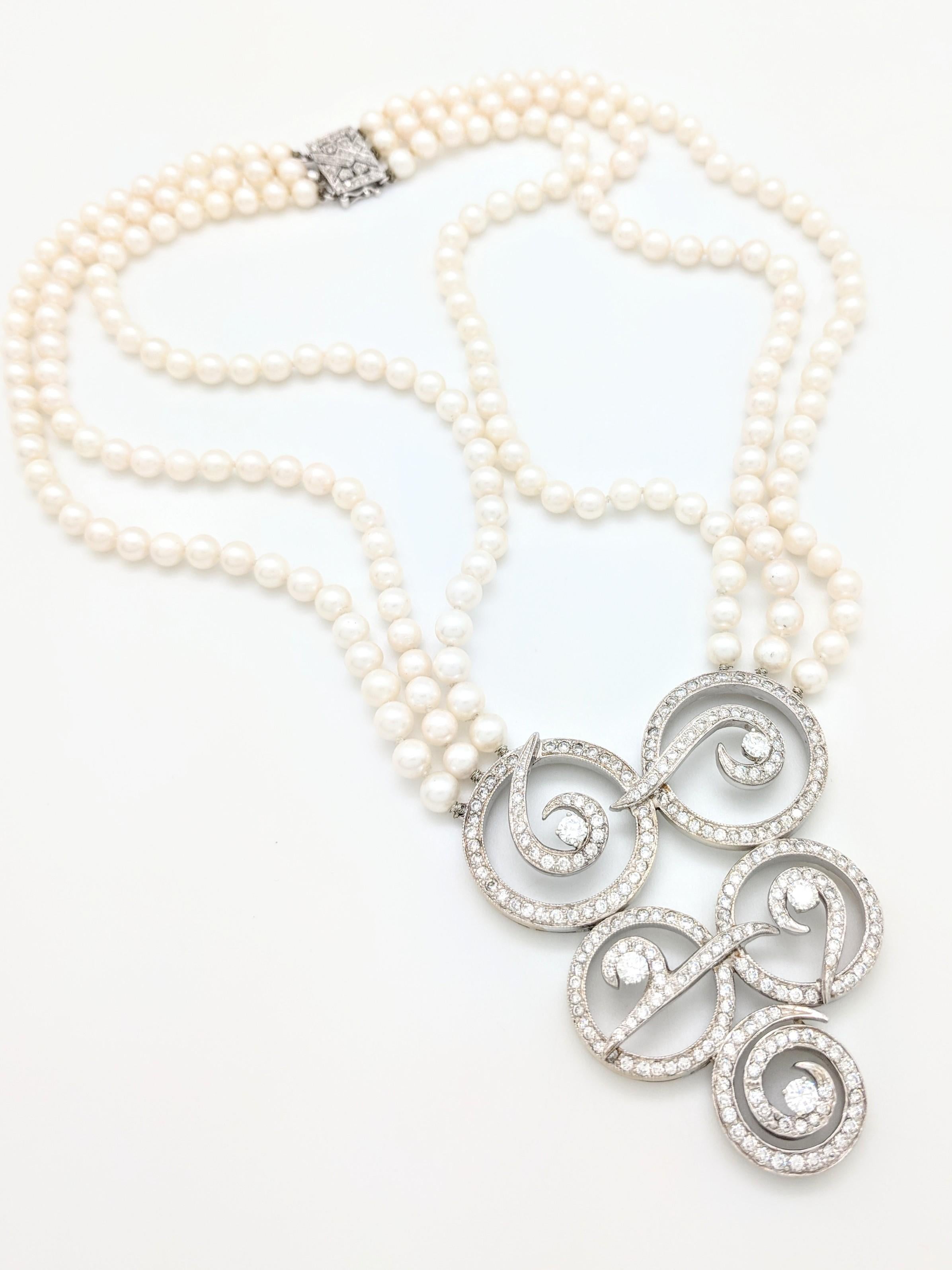 Multi Strand Cultured Akoya Pearl Diamond Enhancer Necklace For Sale 2