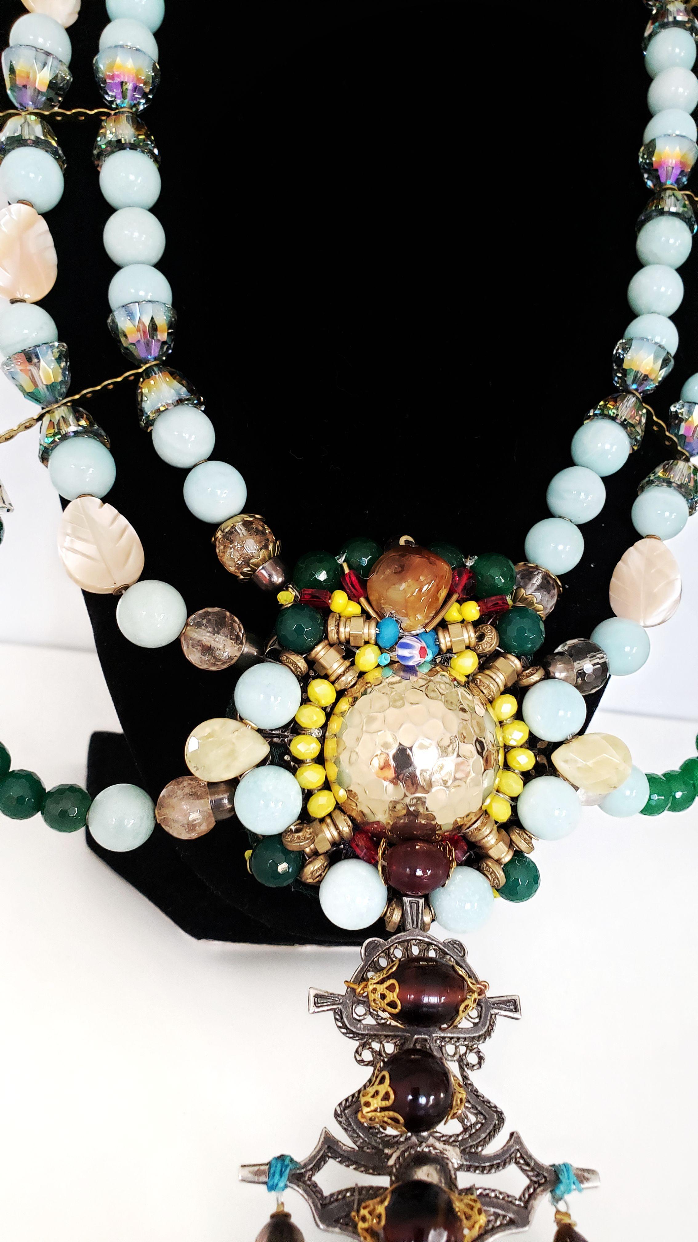 Artist Multi-Strand Embellished Jade, Amazonite Gemstone and Swarovski Crystal Necklace For Sale