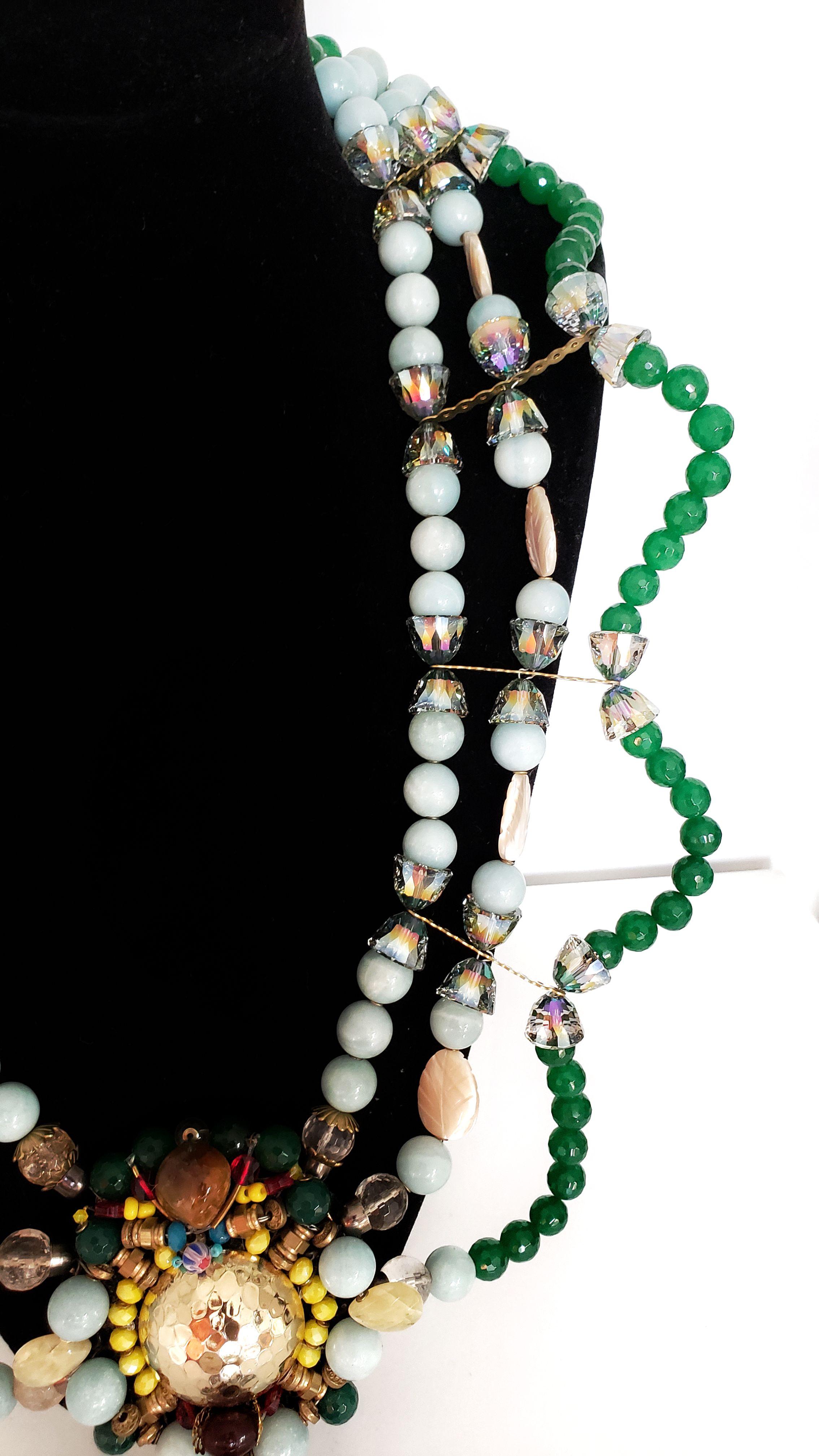 Mixed Cut Multi-Strand Embellished Jade, Amazonite Gemstone and Swarovski Crystal Necklace For Sale