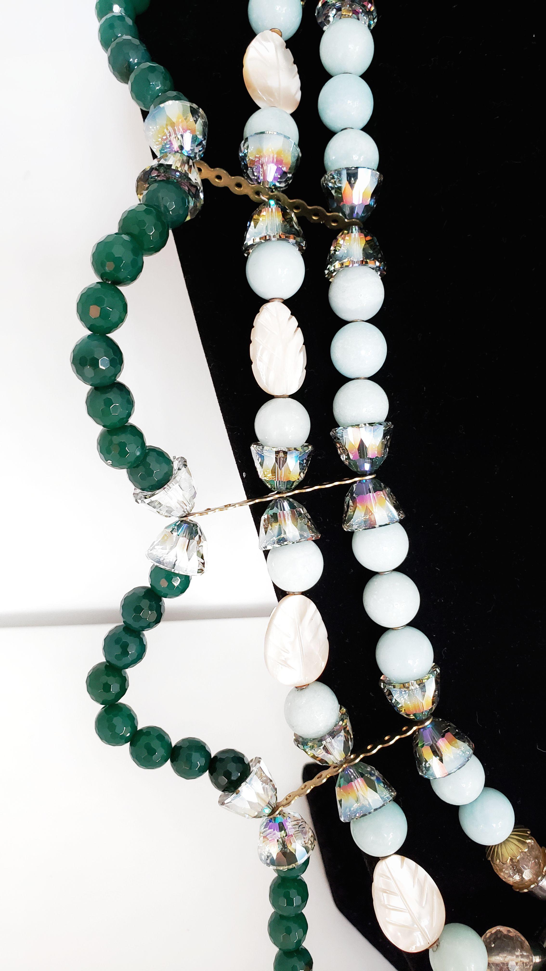 Women's Multi-Strand Embellished Jade, Amazonite Gemstone and Swarovski Crystal Necklace For Sale