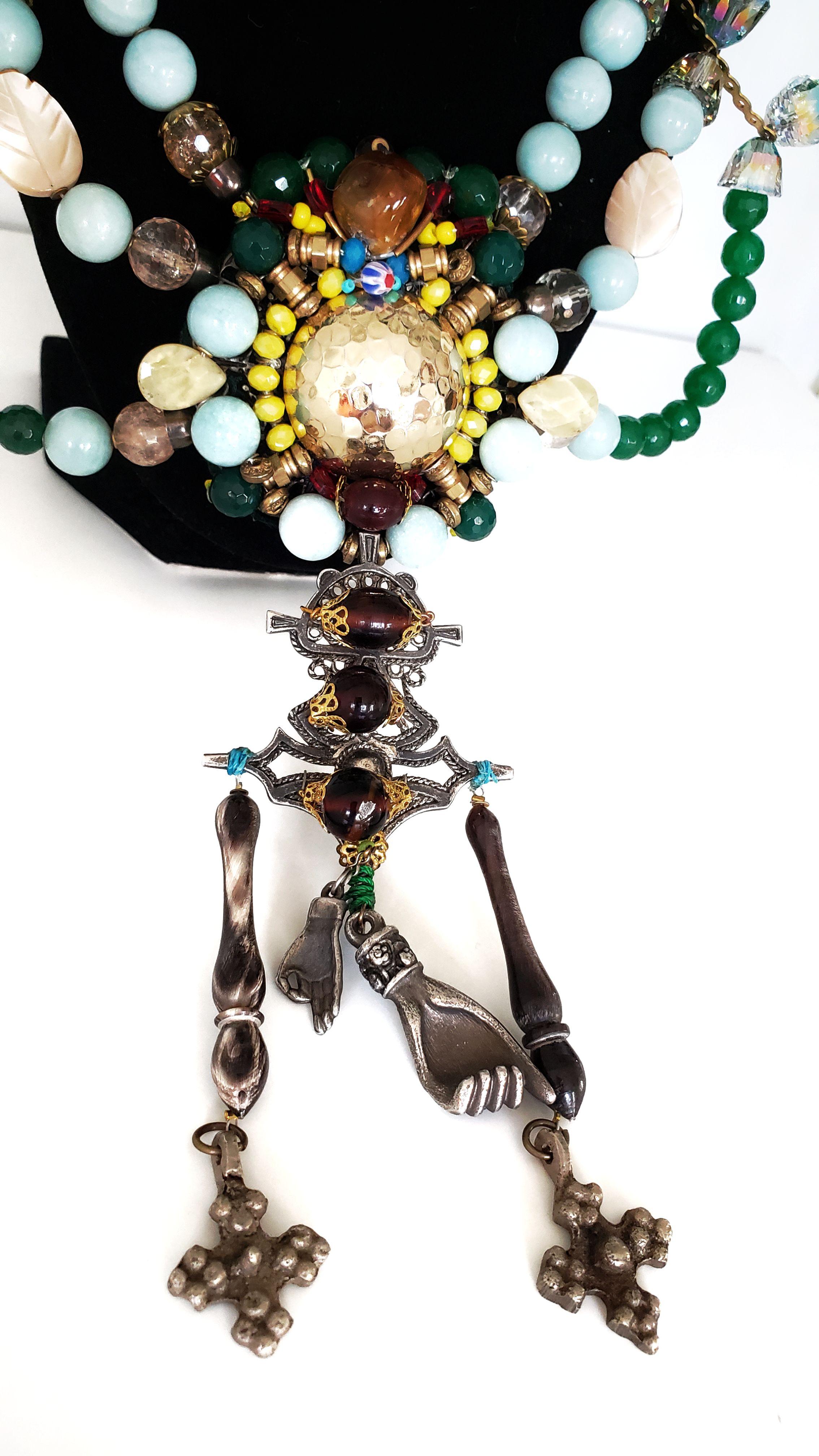Multi-Strand Embellished Jade, Amazonite Gemstone and Swarovski Crystal Necklace For Sale 2
