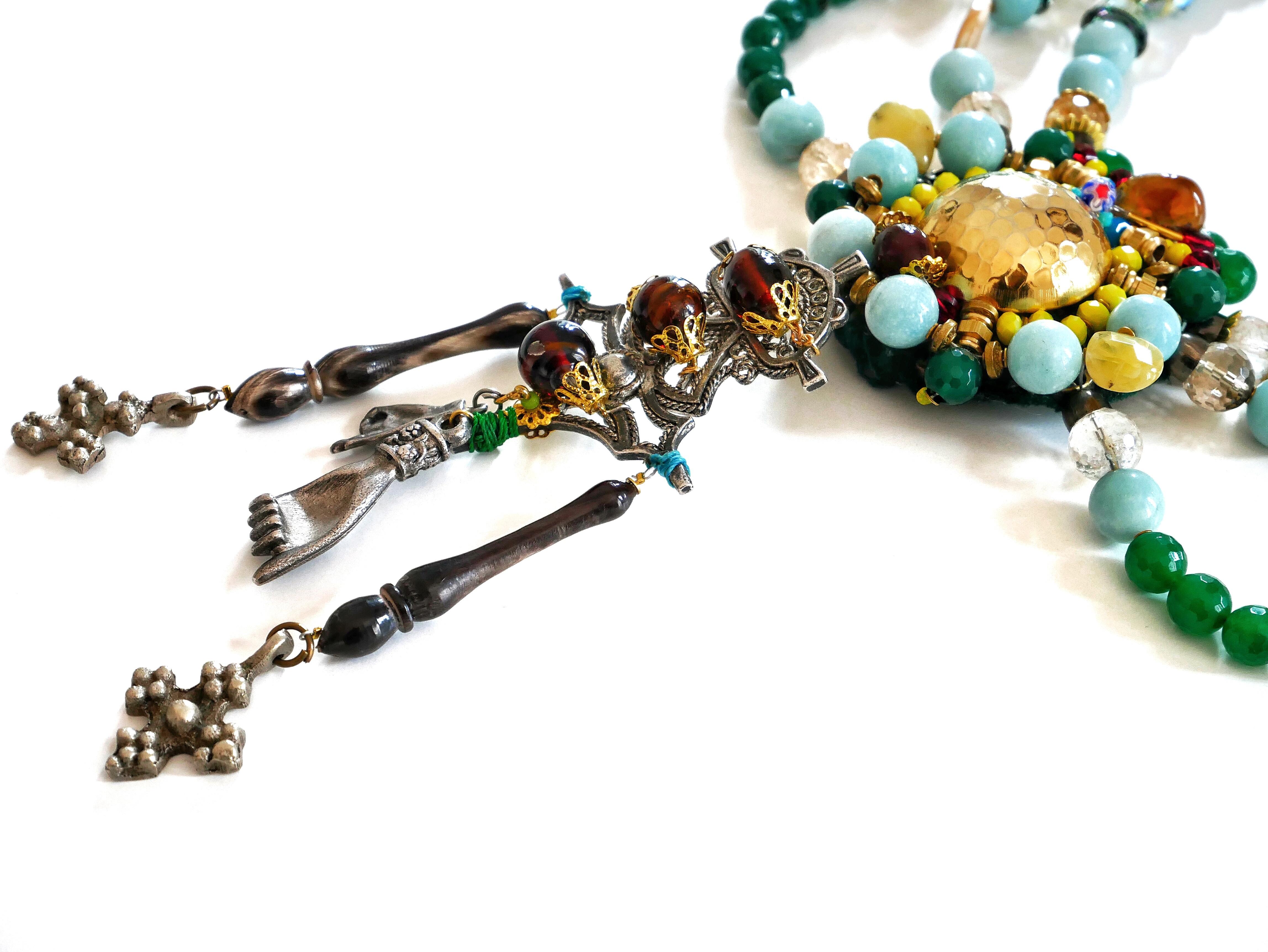 Multi-Strand Embellished Jade, Amazonite Gemstone and Swarovski Crystal Necklace For Sale 3