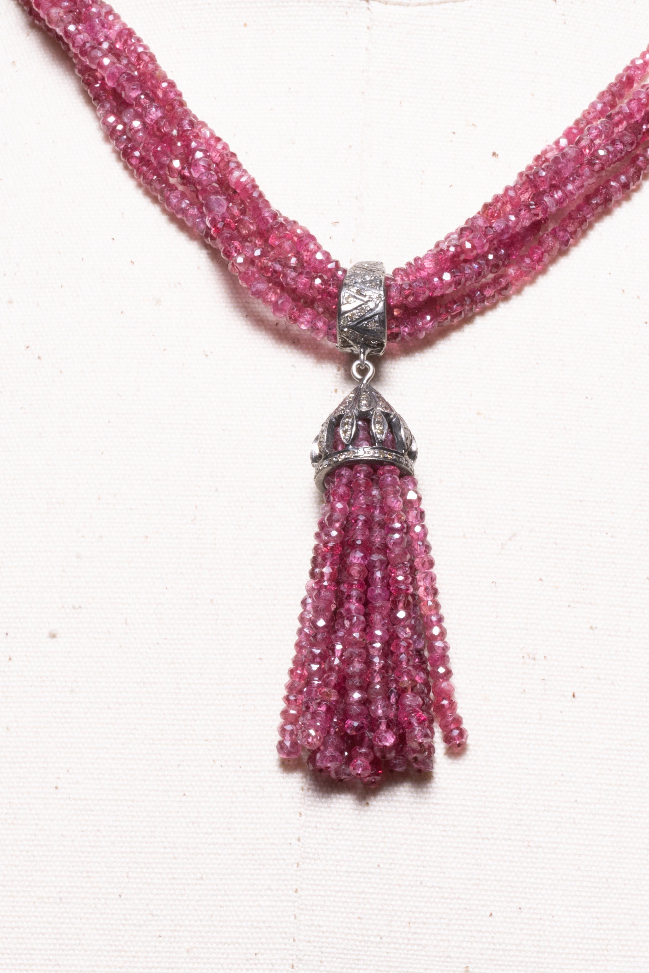 Round Cut Multi-Strand Faceted Burmese Pink Ruby and Pave` Diamond Beaded Necklace For Sale