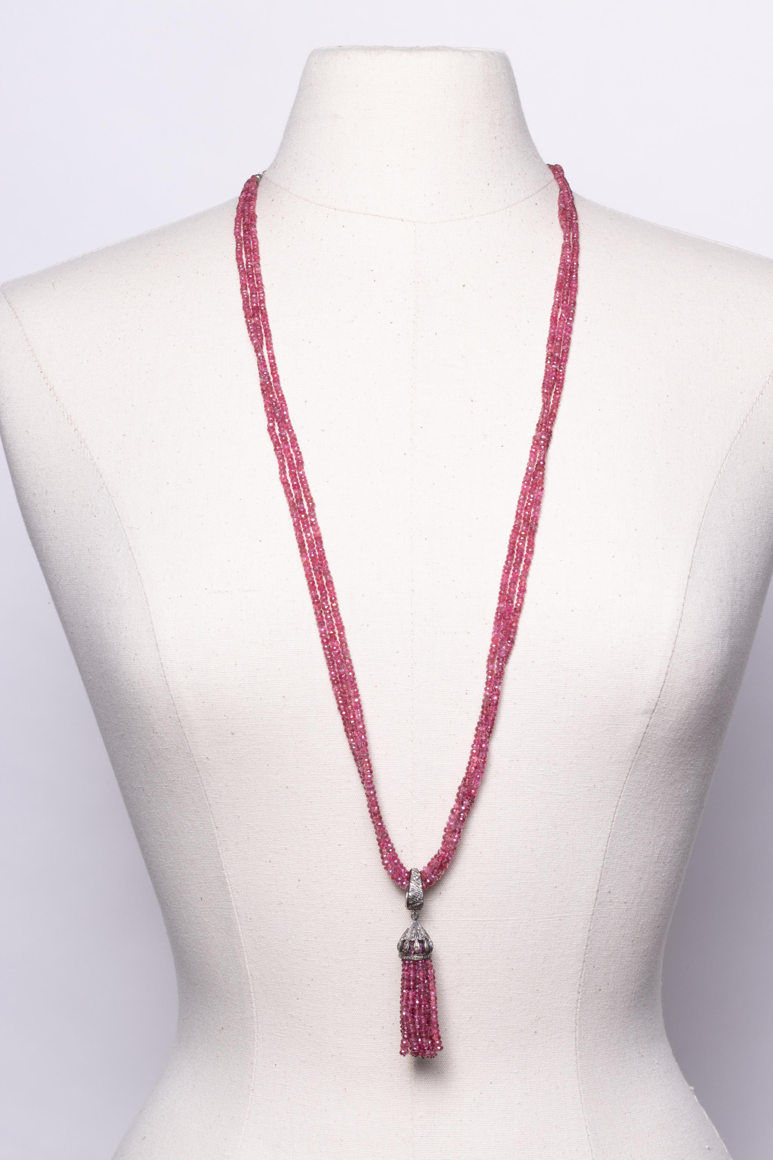 Multi-Strand Faceted Burmese Pink Ruby and Pave` Diamond Beaded Necklace In Excellent Condition For Sale In Nantucket, MA