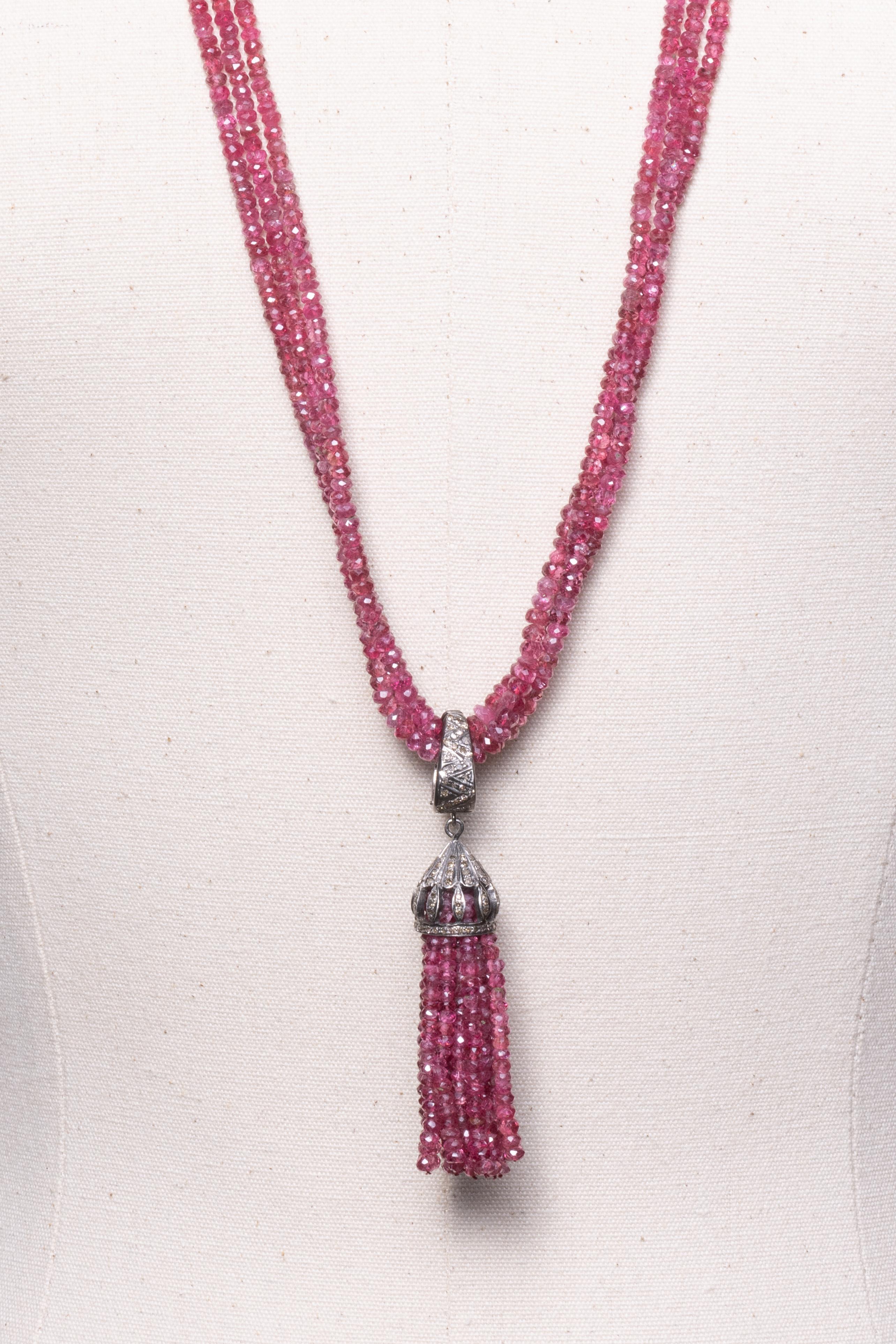 Women's or Men's Multi-Strand Faceted Burmese Pink Ruby and Pave` Diamond Beaded Necklace For Sale