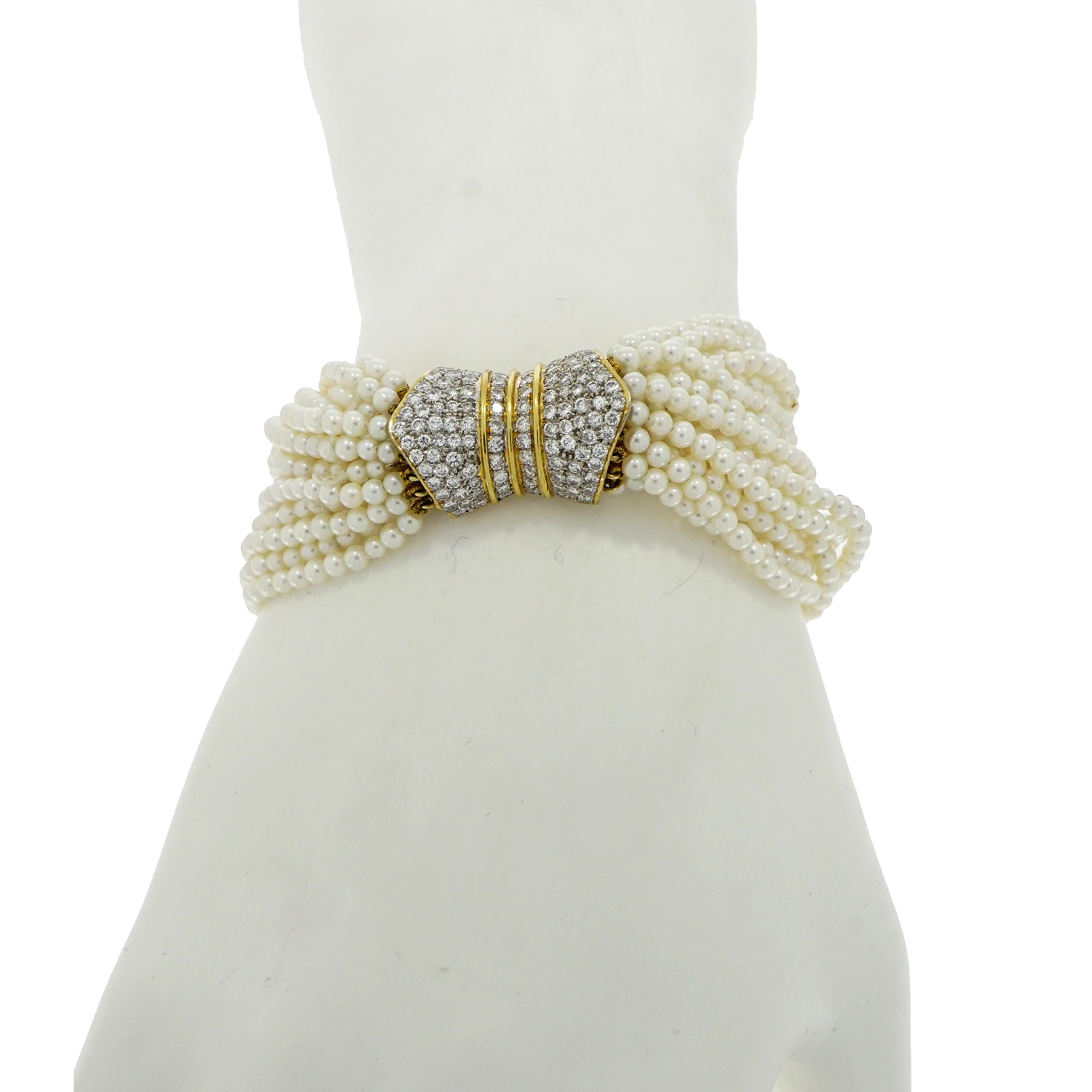 Round Cut Multi-Strand Fresh Water Pearl Torsade Necklace and Bracelet Set Diamond Clasp