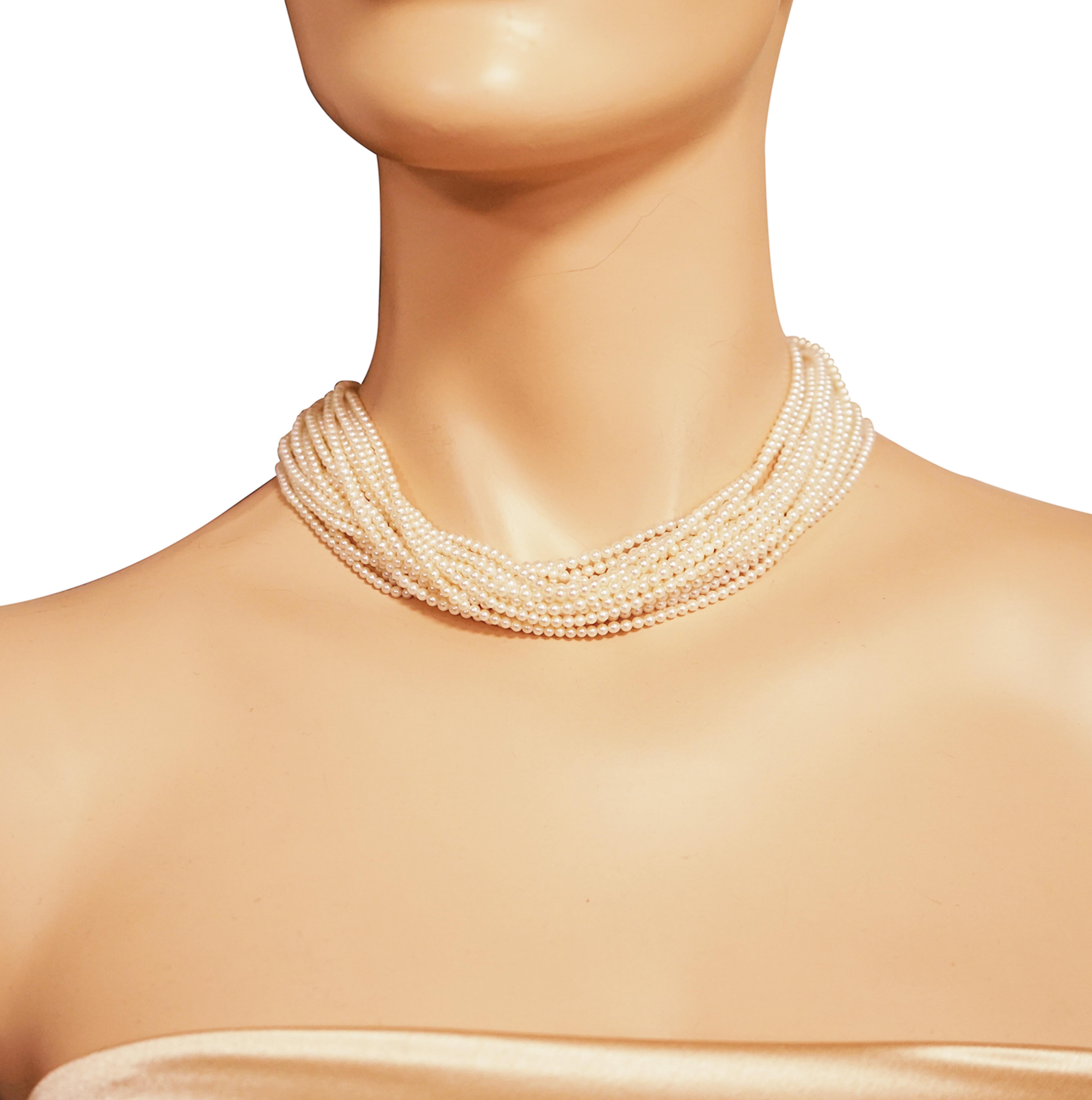 Women's or Men's Multi-Strand Fresh Water Pearl Torsade Necklace and Bracelet Set Diamond Clasp