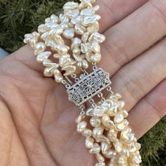 Multi Strand Freshwater Baroque Pearl Necklace w/ 14k White Gold Filigree Clasp