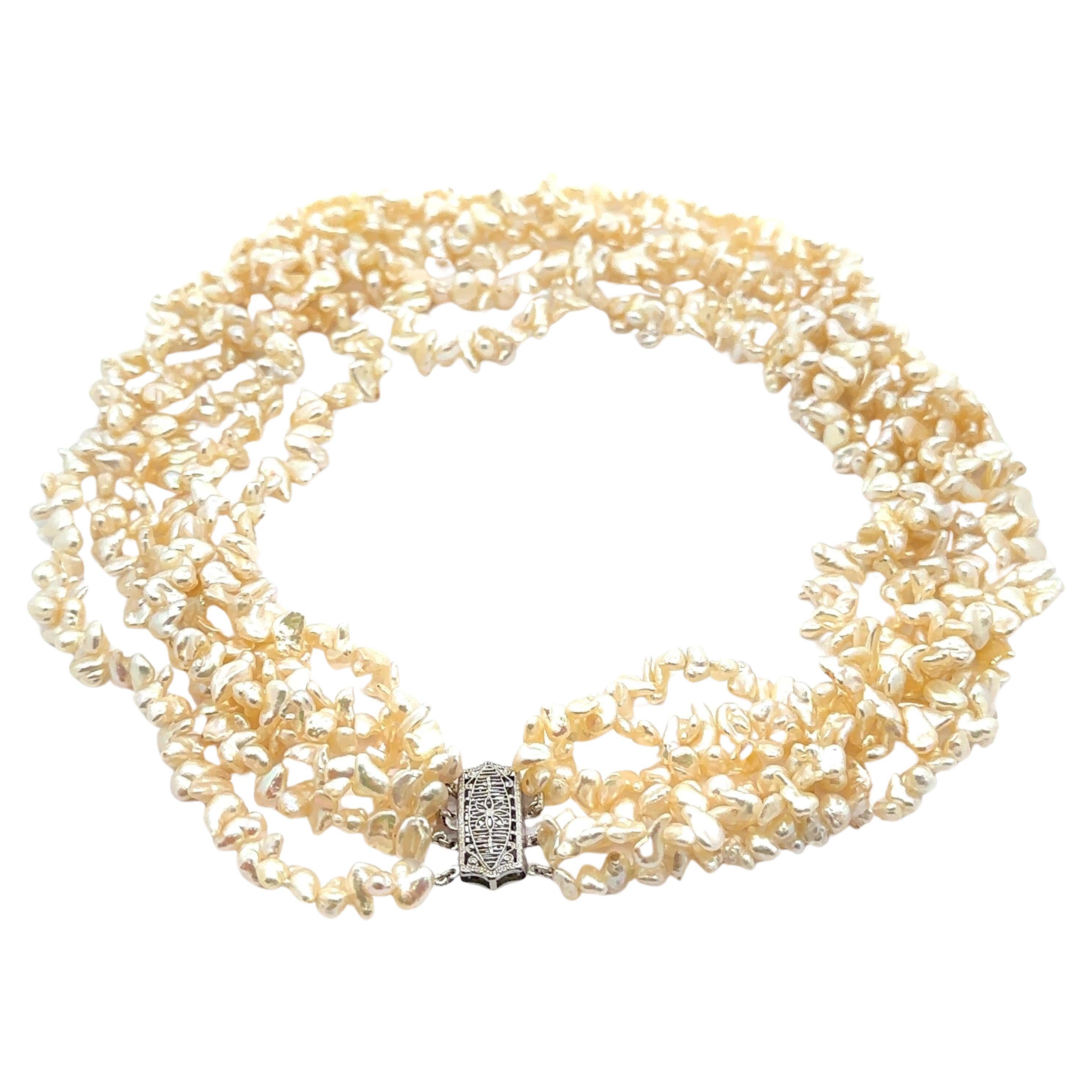 Multi Strand Freshwater Baroque Pearl Necklace w/ 14k White Gold Filigree Clasp For Sale