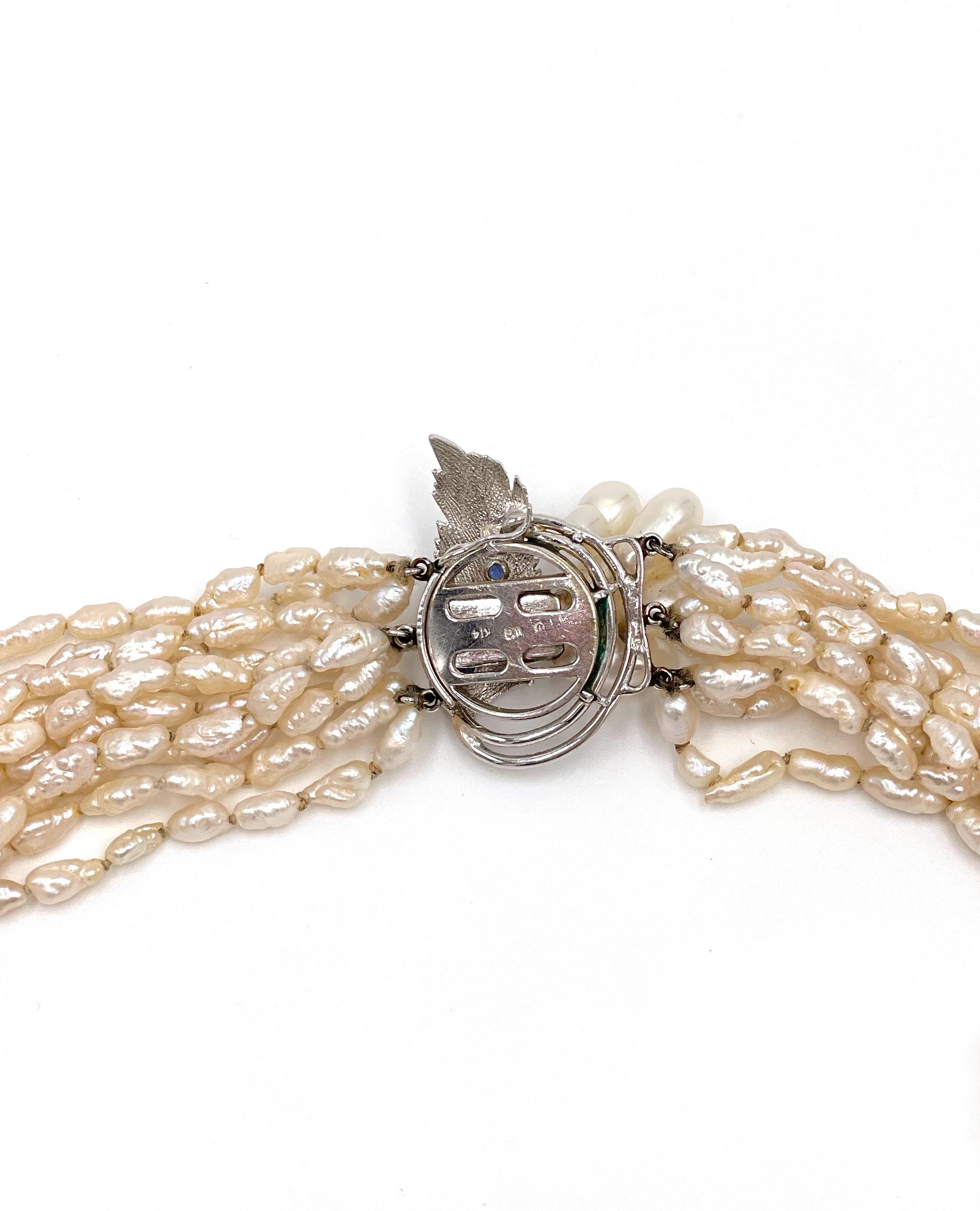 Mehrstrangige Süßwasserperlen-Halskette, 14K Weißgold & Saphir-Blattverschluss Damen