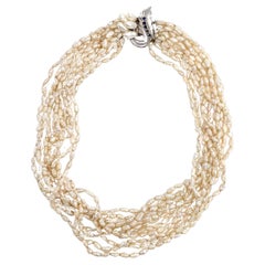 Multi Strand Freshwater Pearl Necklace, 14K White Gold & Sapphire Leaf Clasp