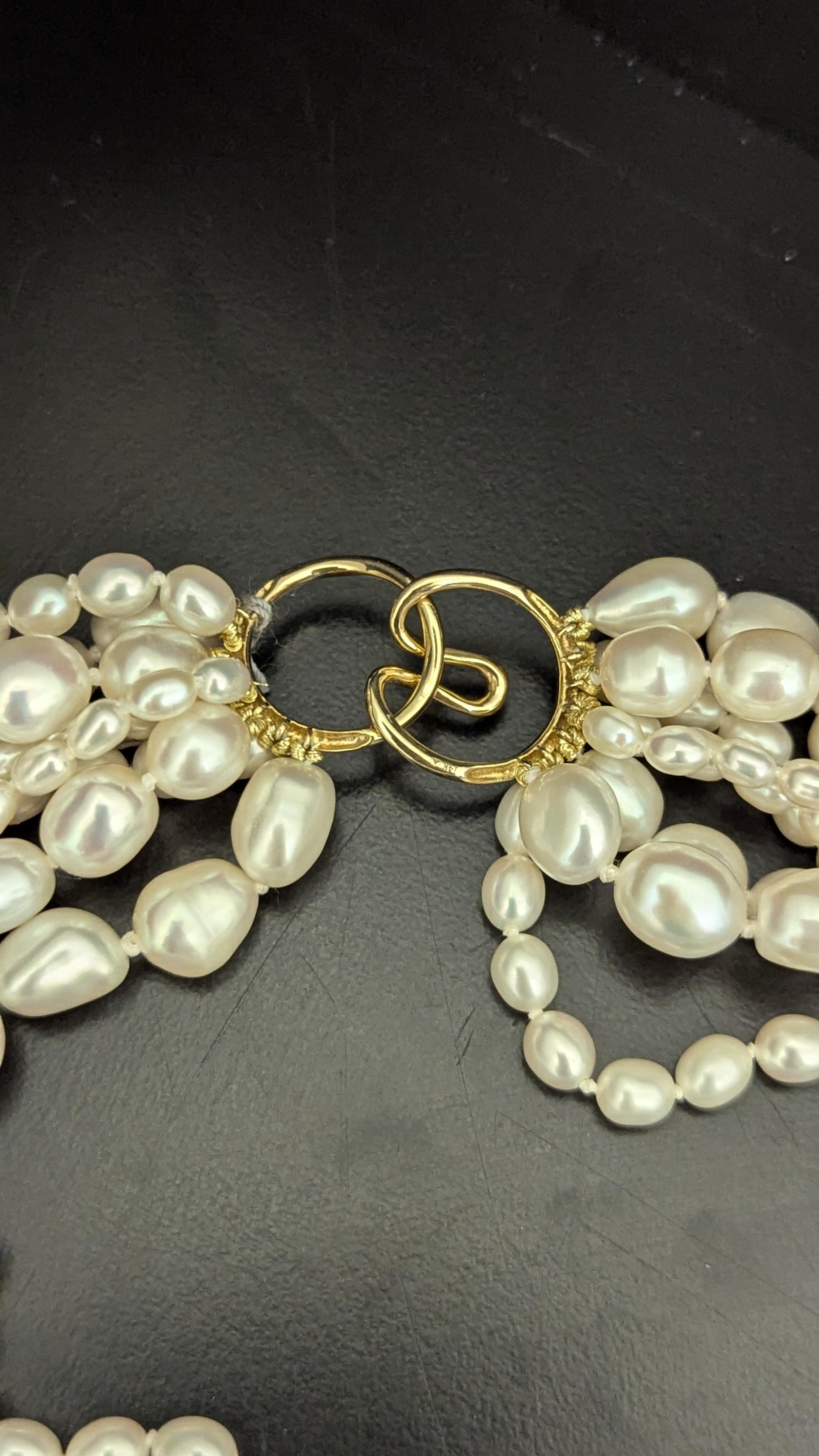 Donna Collana a più fili di perle d'acqua dolce Torsade con perline in oro giallo 14K in vendita