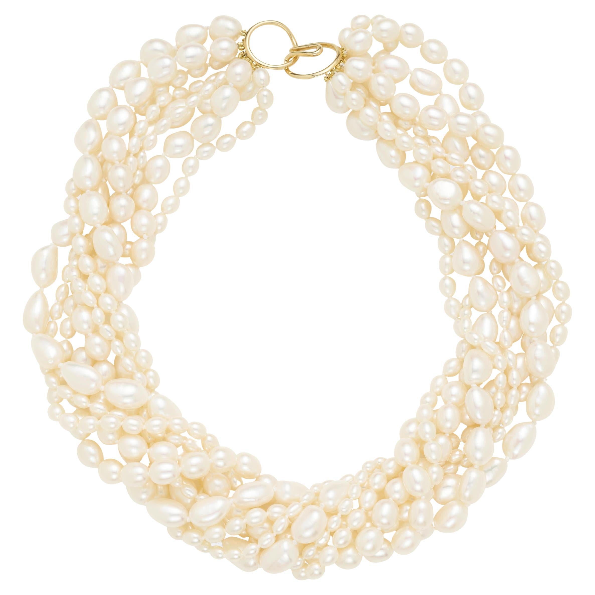Multi Strand Freshwater Pearl Torsade Beaded 14K Yellow Gold Necklace