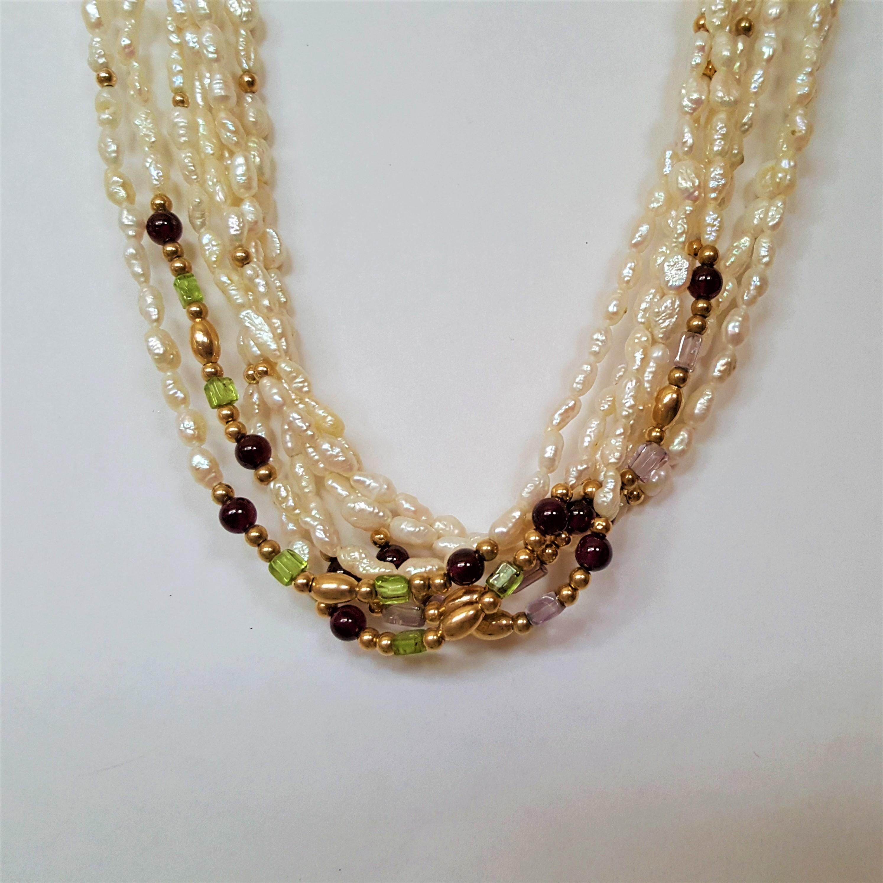 Mehrreihige Süßwasserperlen Goldperlen Perlen Halbedelsteine Edelsteine Halbedelsteine 7 Stränge (Moderne) im Angebot