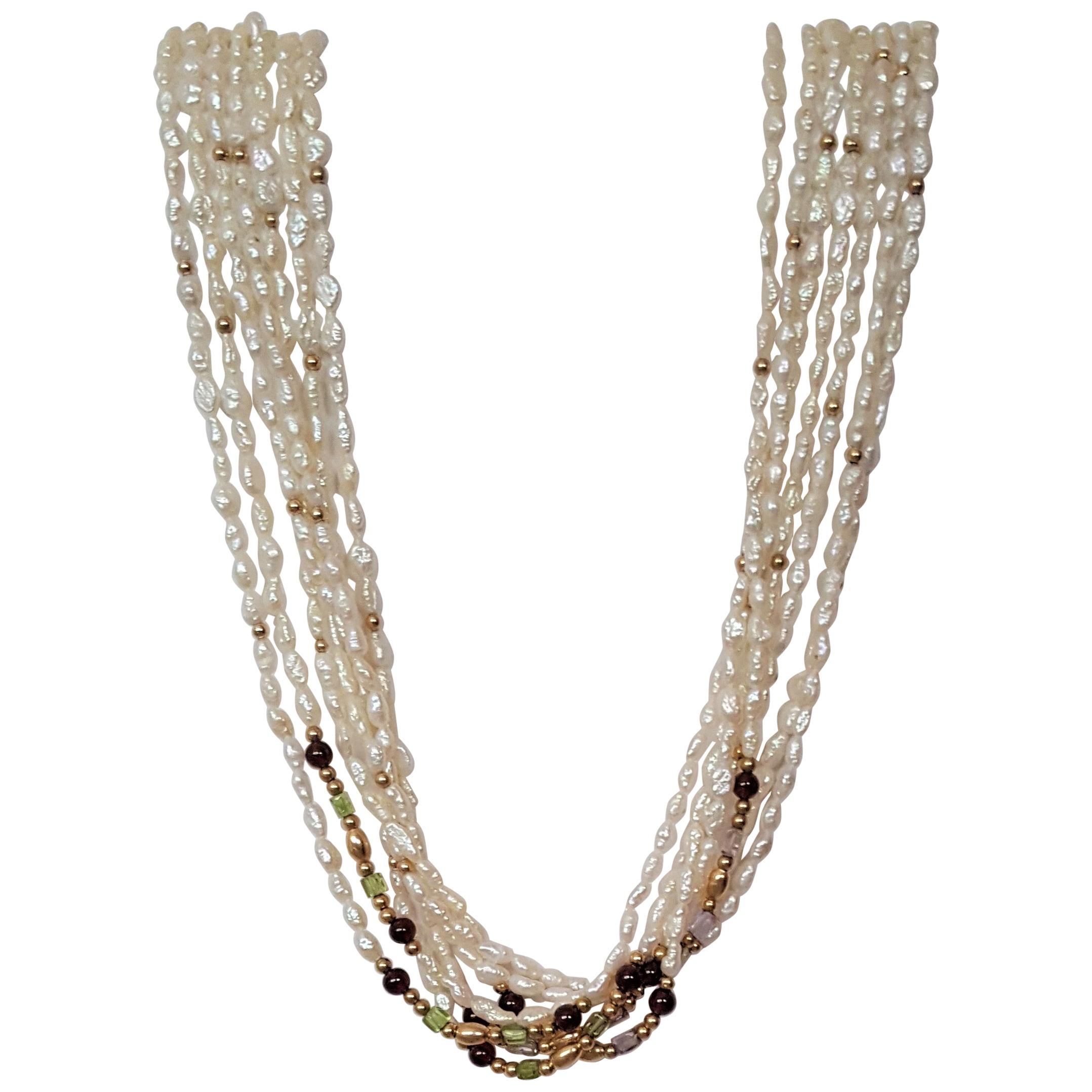 Multi-Strand Freshwater Pearls Gold Beads Semi-Precious Gemstones 7 Strands
