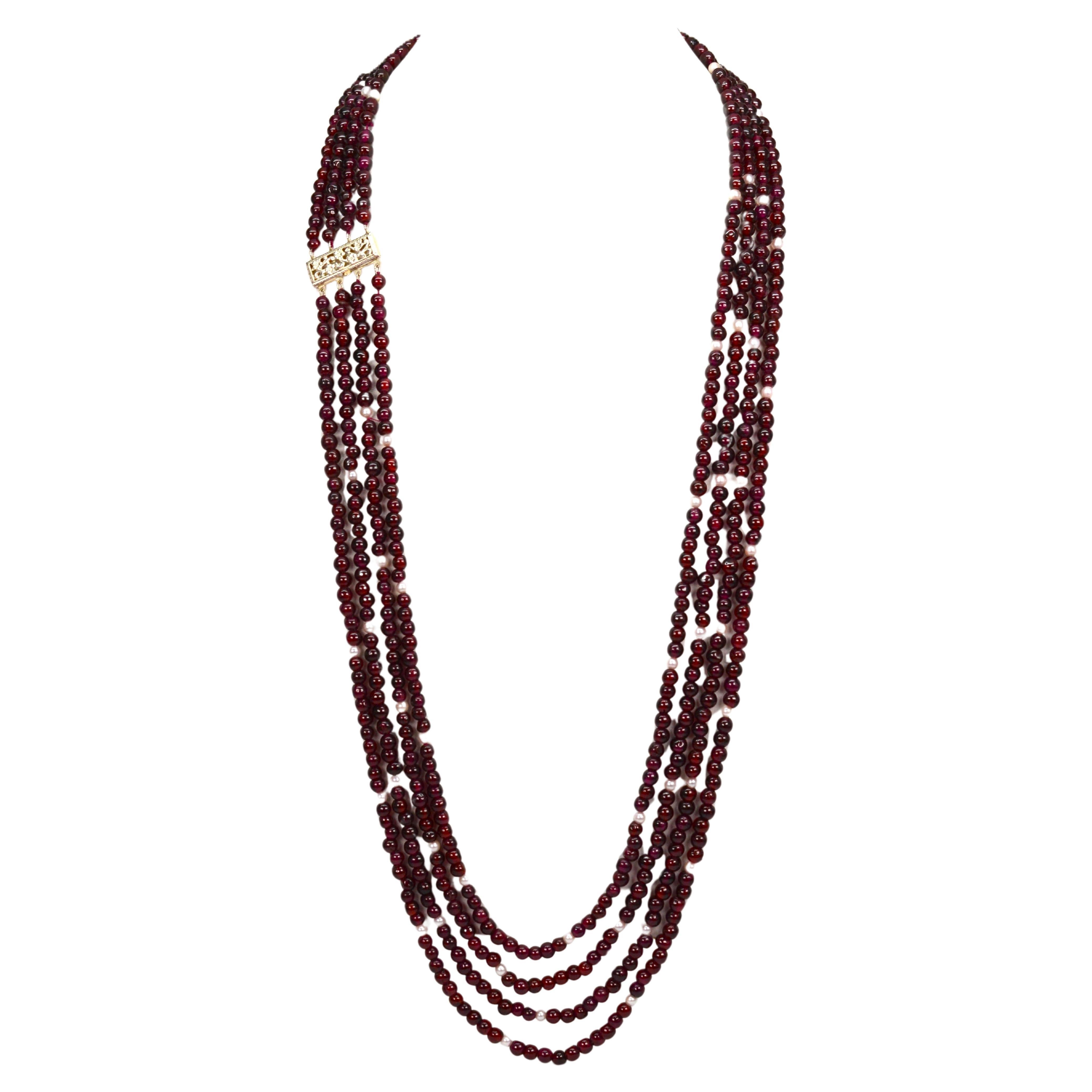 Multi Strand Garnet Necklace w Pearl Accents and Sterling Filigree Clasp