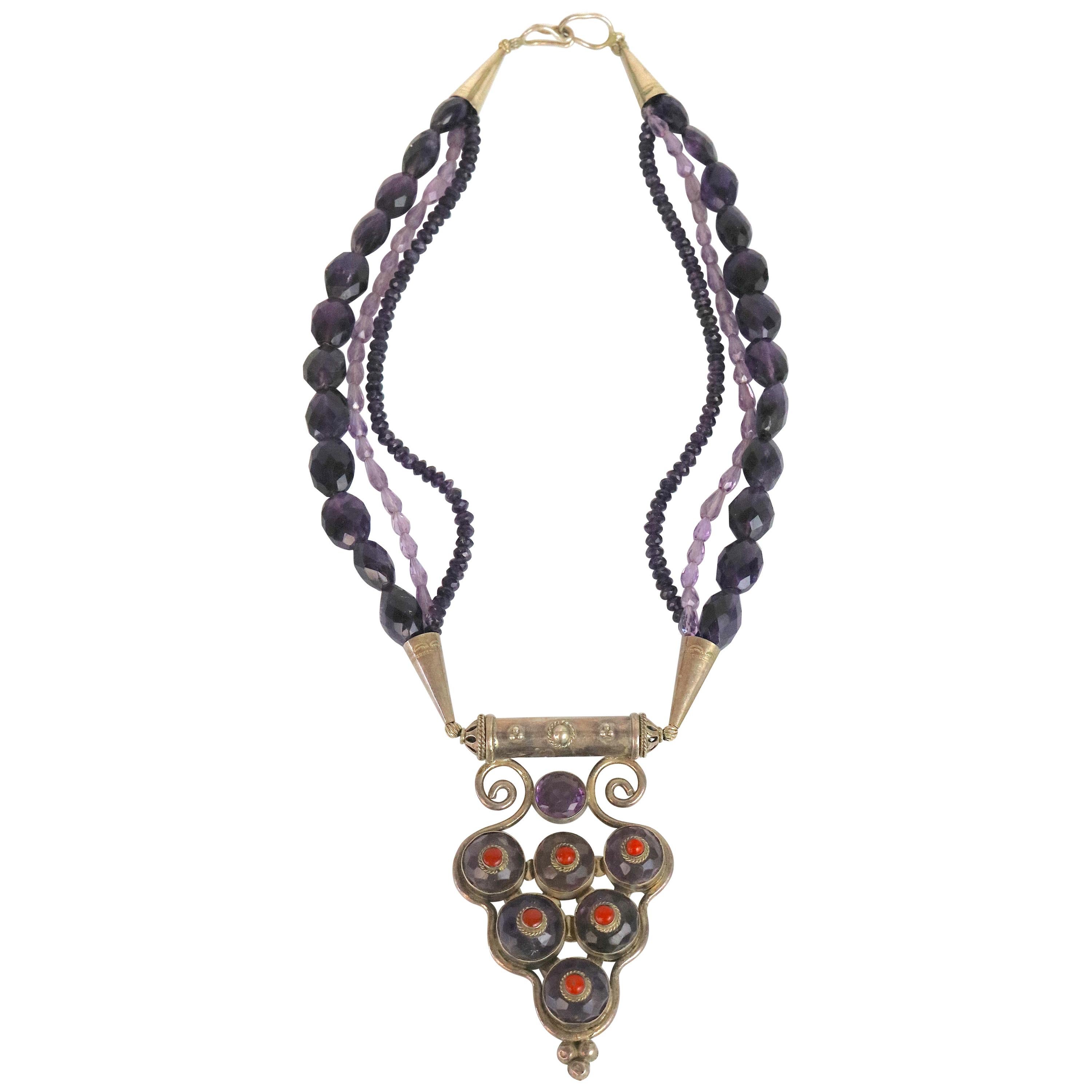 Multi Strand Gem Couture Pendant Necklace- Amethyst Cabachon Triangular Pendant For Sale