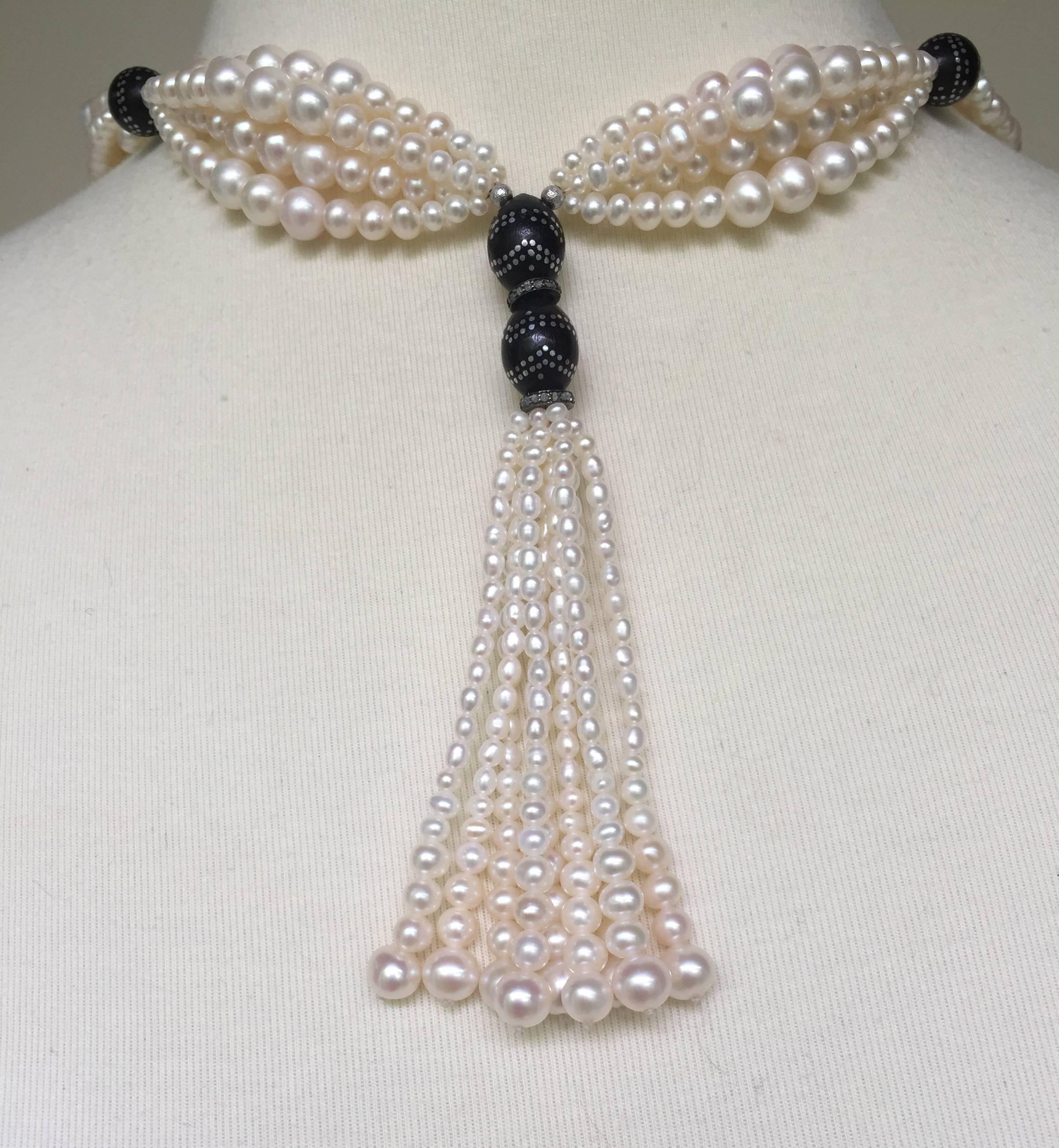 Marina J Long Multi Graduated White Pearl Sautoir with Wooden Silver Inlay Beads In New Condition In Los Angeles, CA