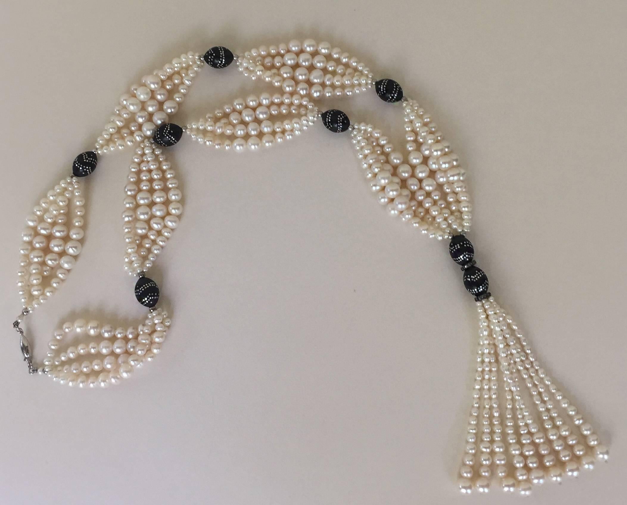 Marina J Long Multi Graduated White Pearl Sautoir with Wooden Silver Inlay Beads 2