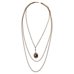 Multi-Strand Hand-Painted Rose Russian Locket Pendant Necklace circa 1950s