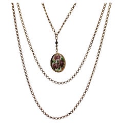 Multi-Strand Hand-Painted Rose Russian Locket Pendant Necklace circa 1950s