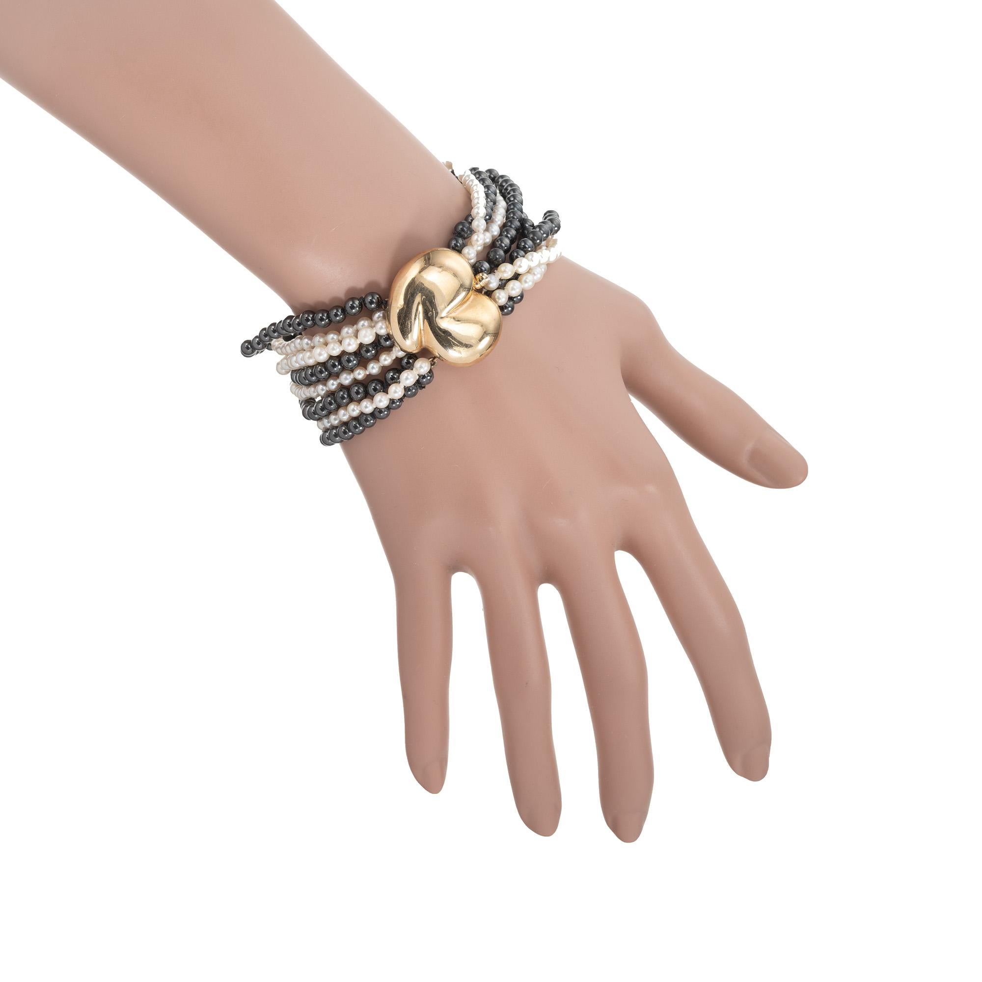 da uomo o donna Bracciale in oro con perle giapponesi coltivate e ematite a più fili in vendita