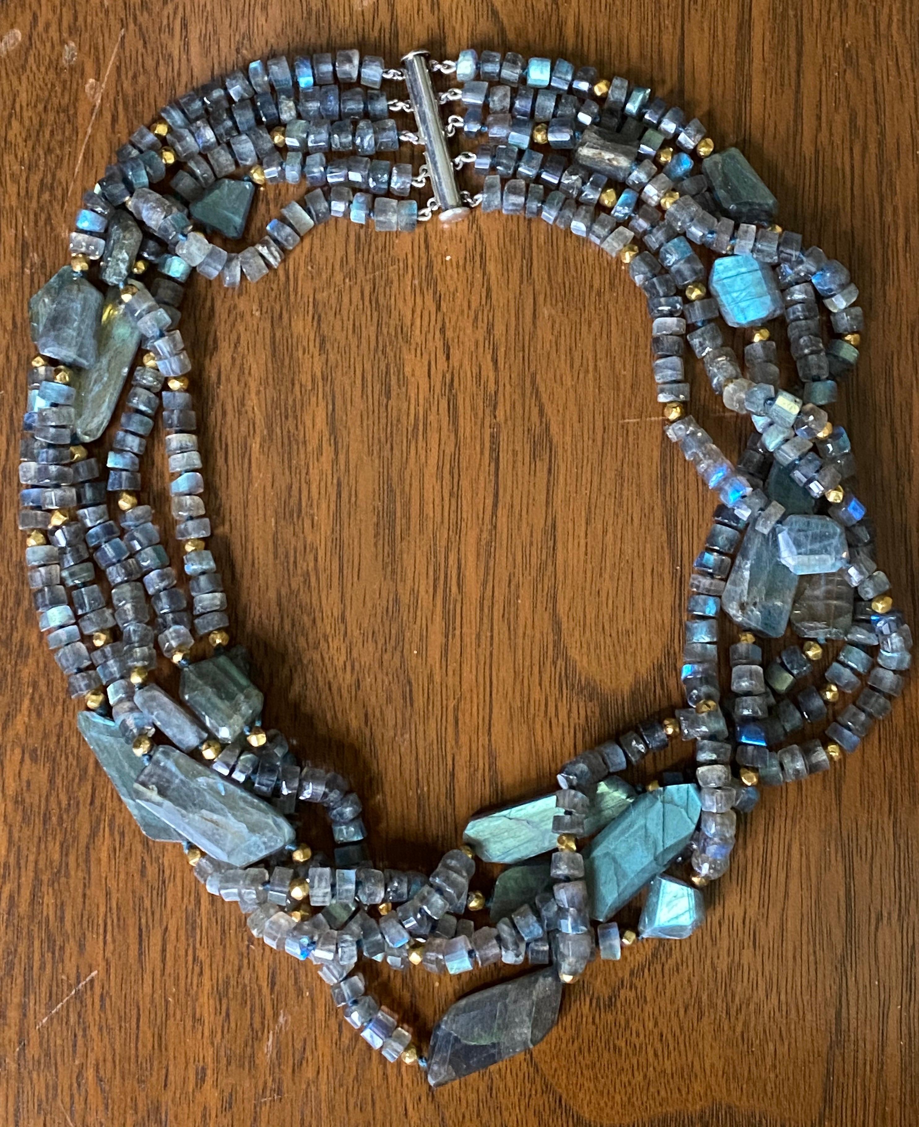 Modern Multi-Strand Labradorite and Gold-Plated Bead Necklace with Silver Clasp For Sale