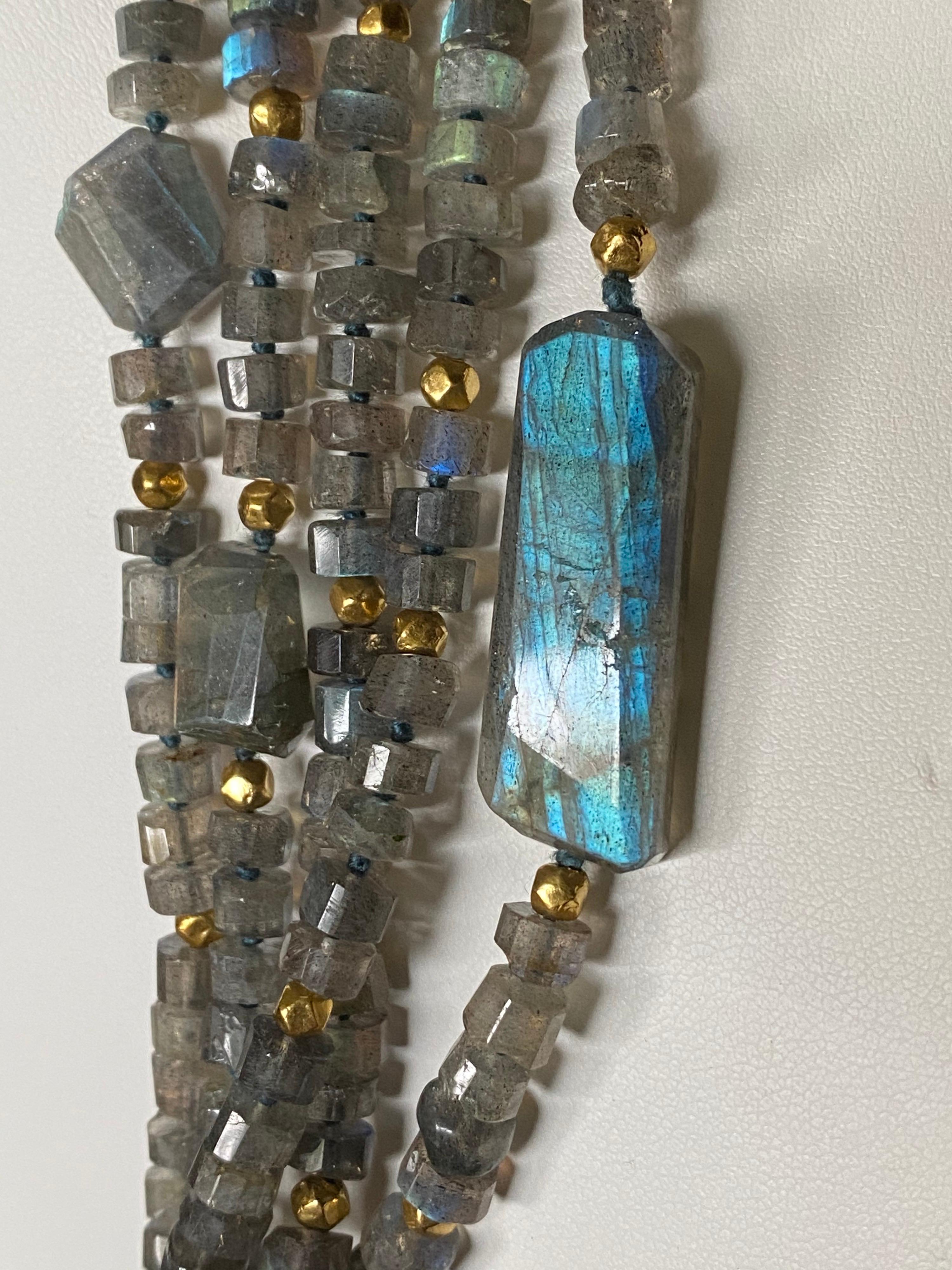 Multi-Strand Labradorite and Gold-Plated Bead Necklace with Silver Clasp In New Condition For Sale In New York, NY