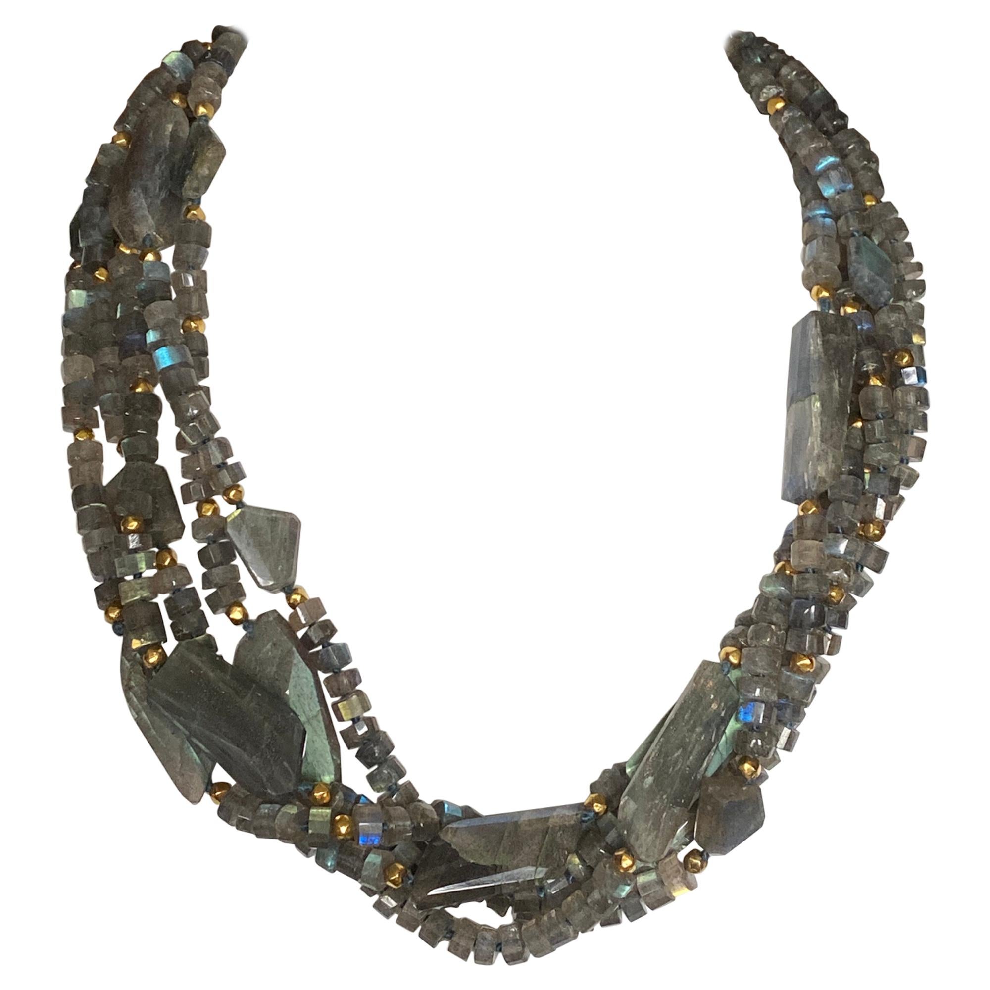 Multi-Strand Labradorite and Gold-Plated Bead Necklace with Silver Clasp For Sale