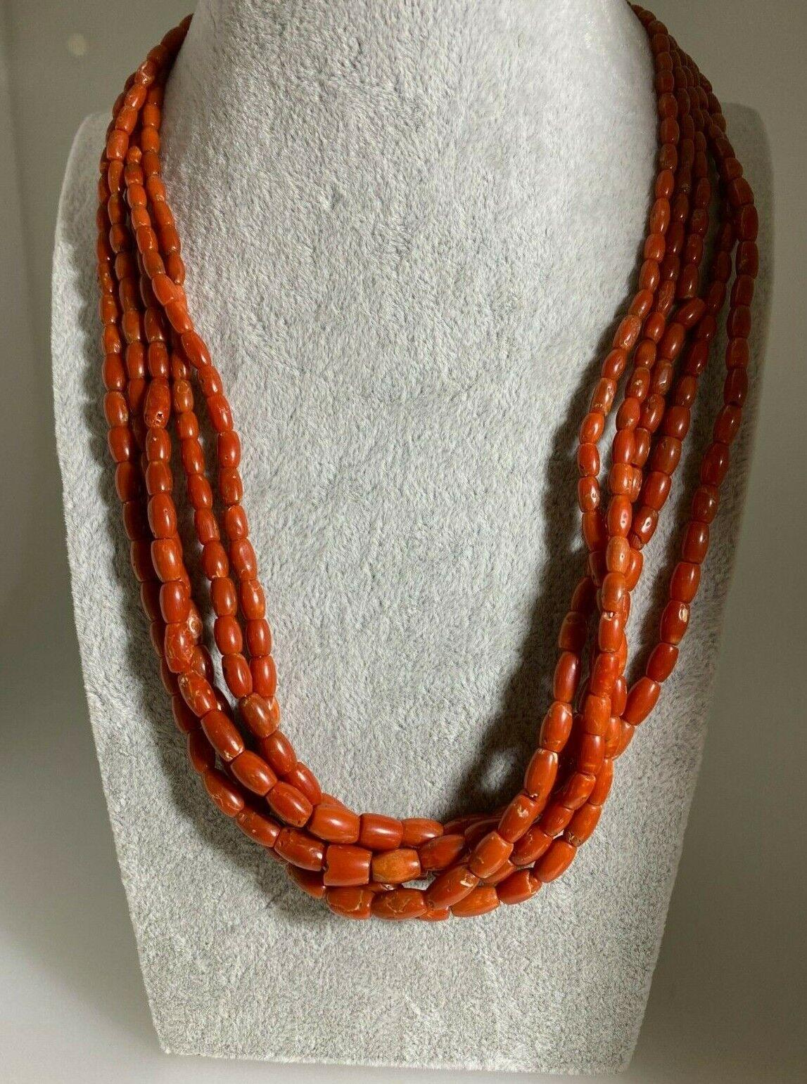 Cabochon Multi Strand Mediterranean Natural Italian Red Coral Vintage Necklace, c1960's For Sale