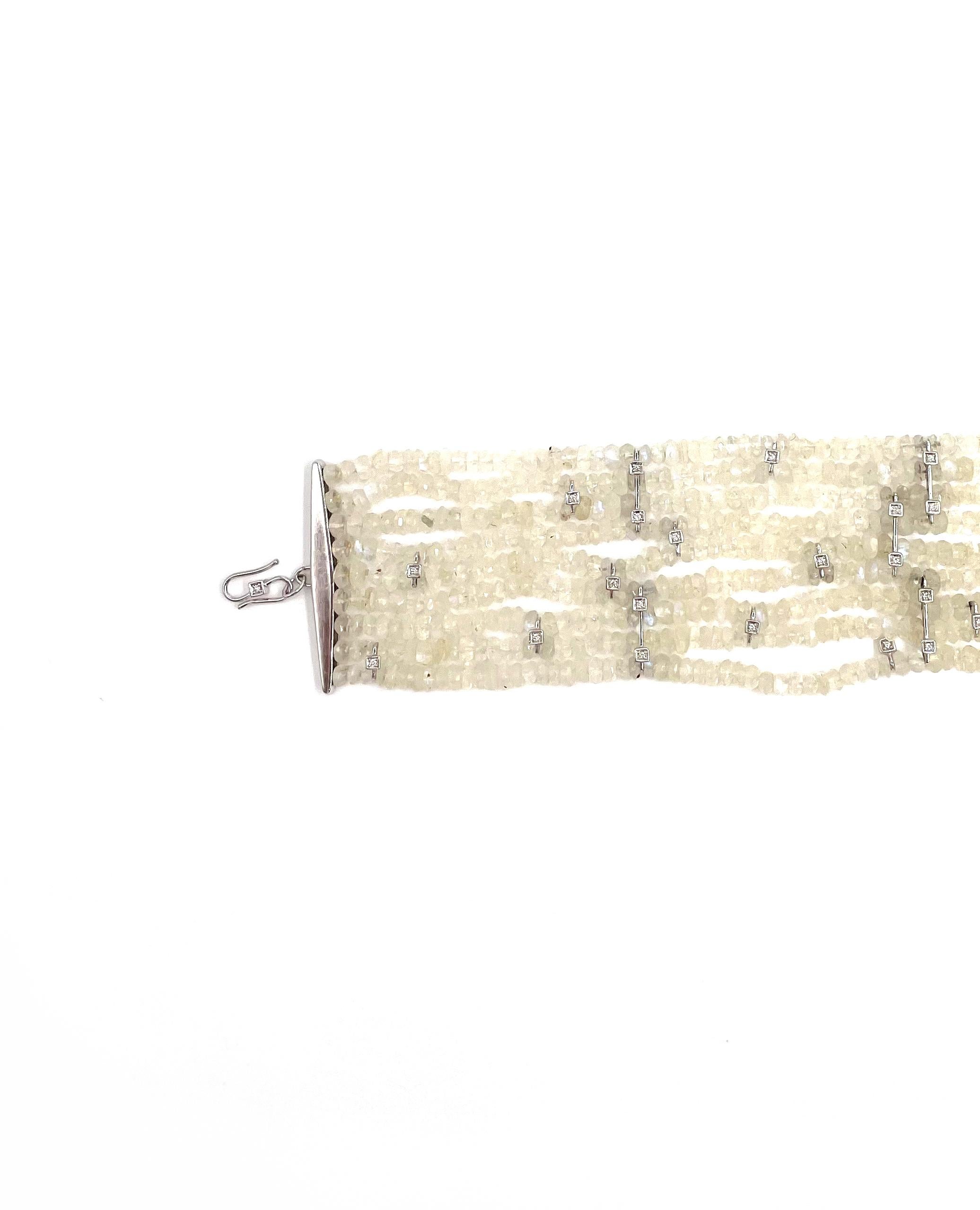 Contemporary Multi Strand Moonstone and Diamond Choker Necklace, 18K White Gold
