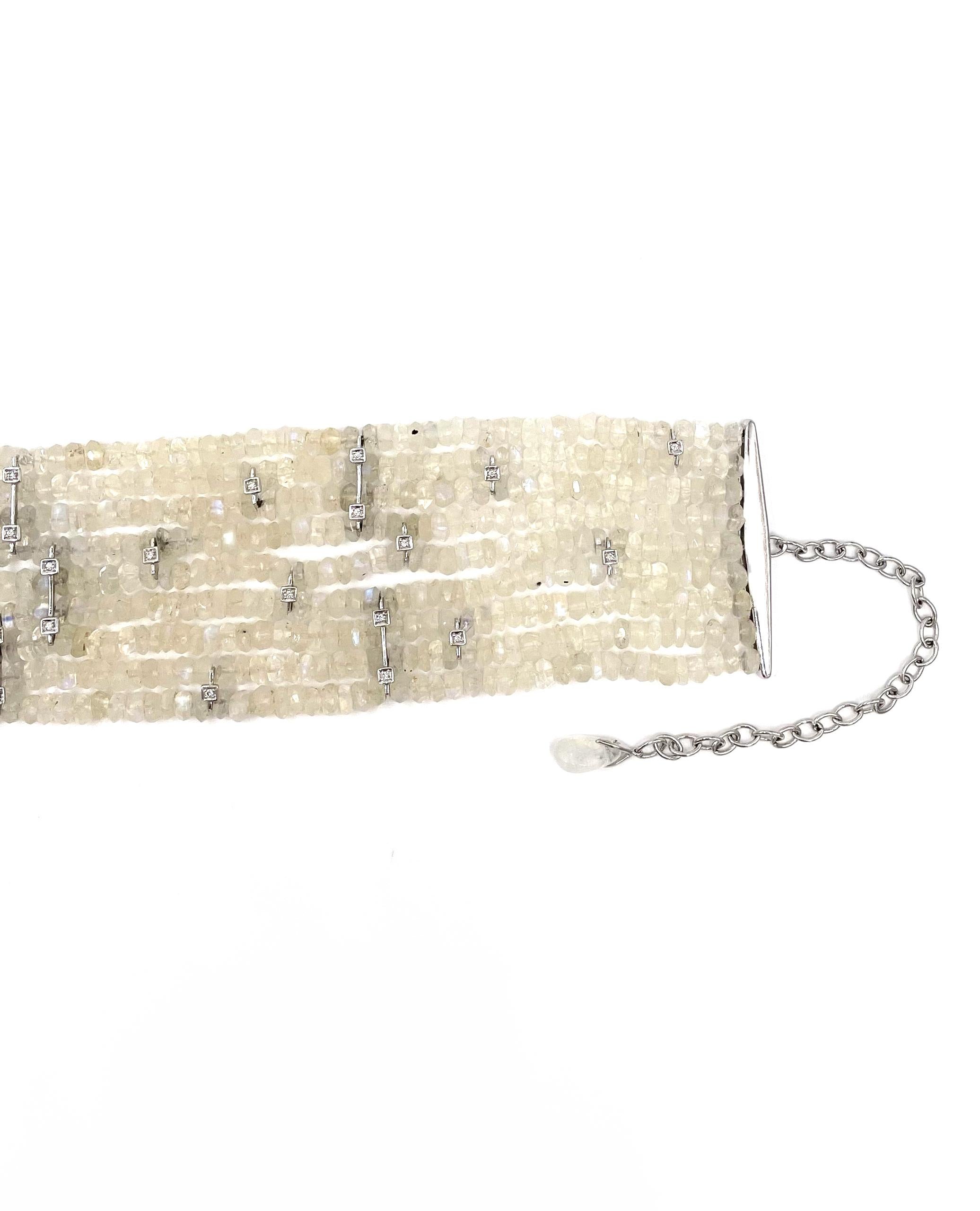 Bead Multi Strand Moonstone and Diamond Choker Necklace, 18K White Gold