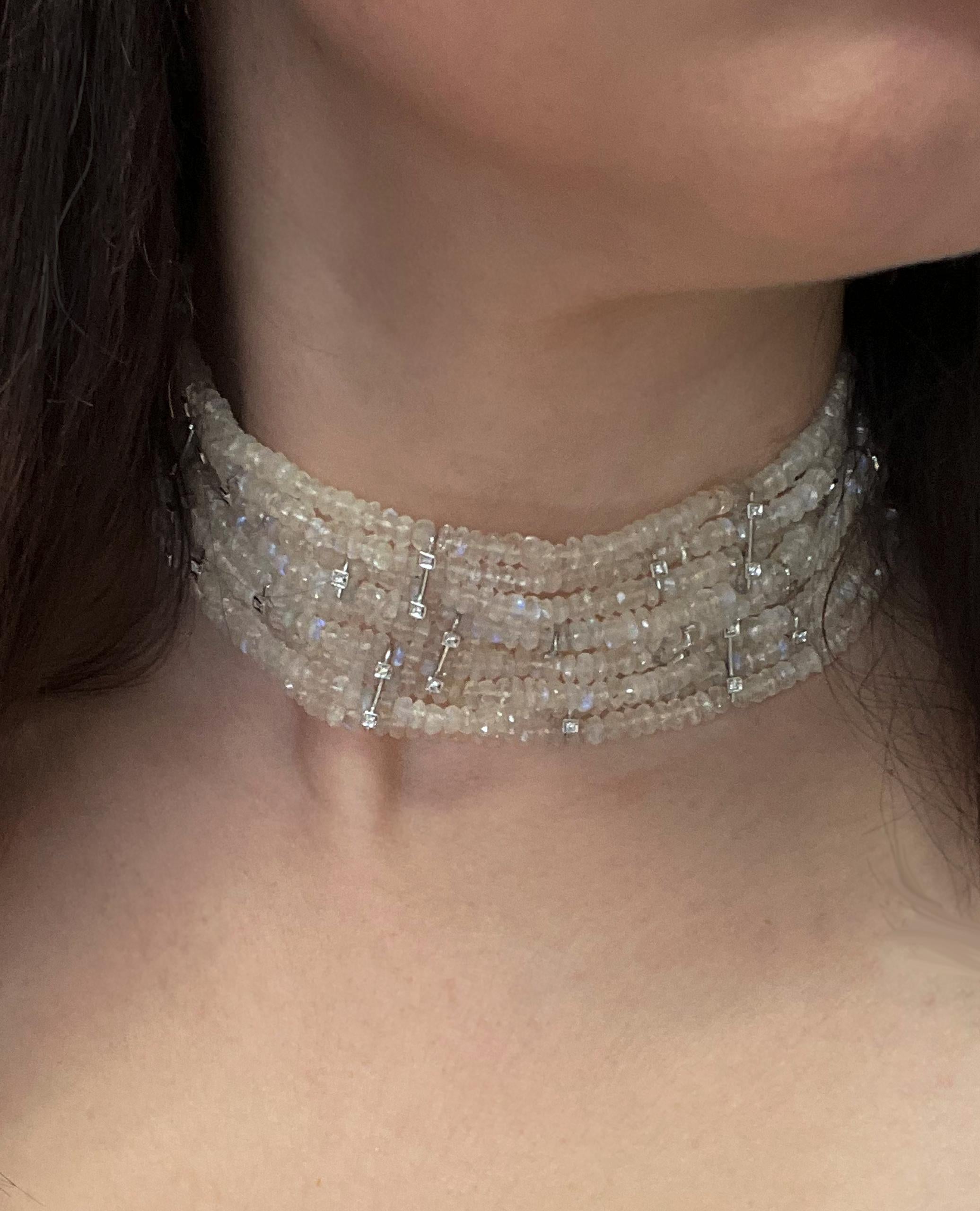 Multi Strand Moonstone and Diamond Choker Necklace, 18K White Gold In Good Condition In Old Tappan, NJ