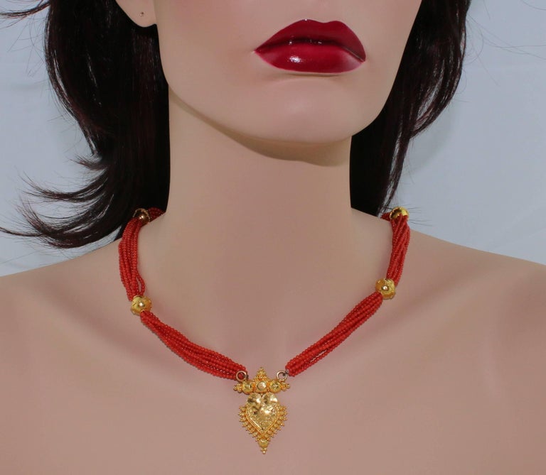 Artisan Multi-Strand Natural Coral Beads and Gold Necklace For Sale
