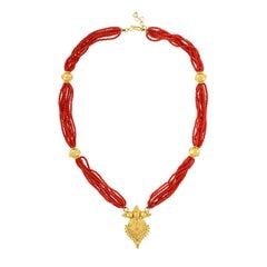 Used Multi-Strand Natural Coral Beads and Gold Necklace