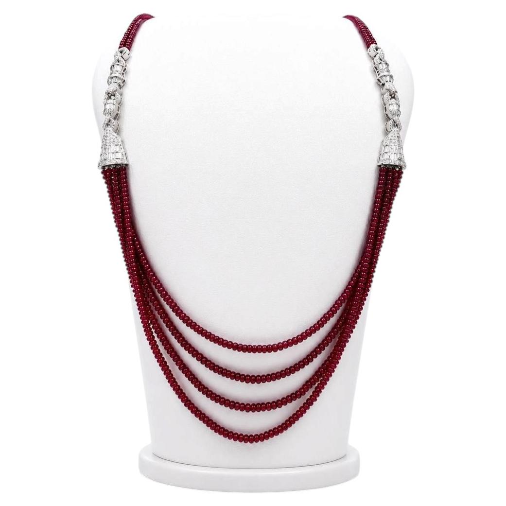 Multi-Strand Natural Ruby, Diamond and 18K White Gold Necklace