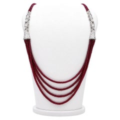 Multi-Strand Natural Ruby, Diamond and 18K White Gold Necklace
