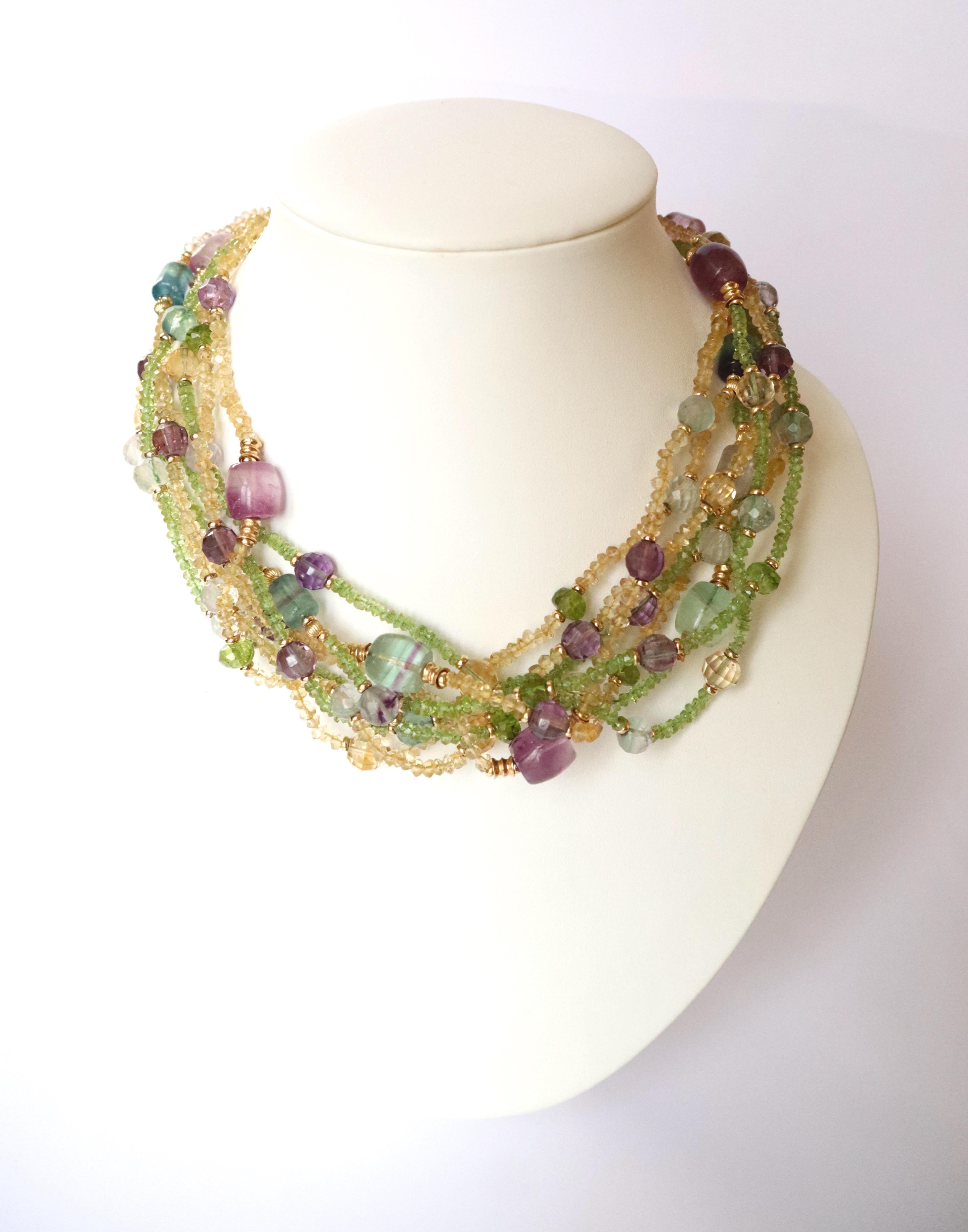 Multi Strand Necklace 18 Kt Yellow Gold Amethyst Peridot Citrine In Good Condition For Sale In Paris, FR