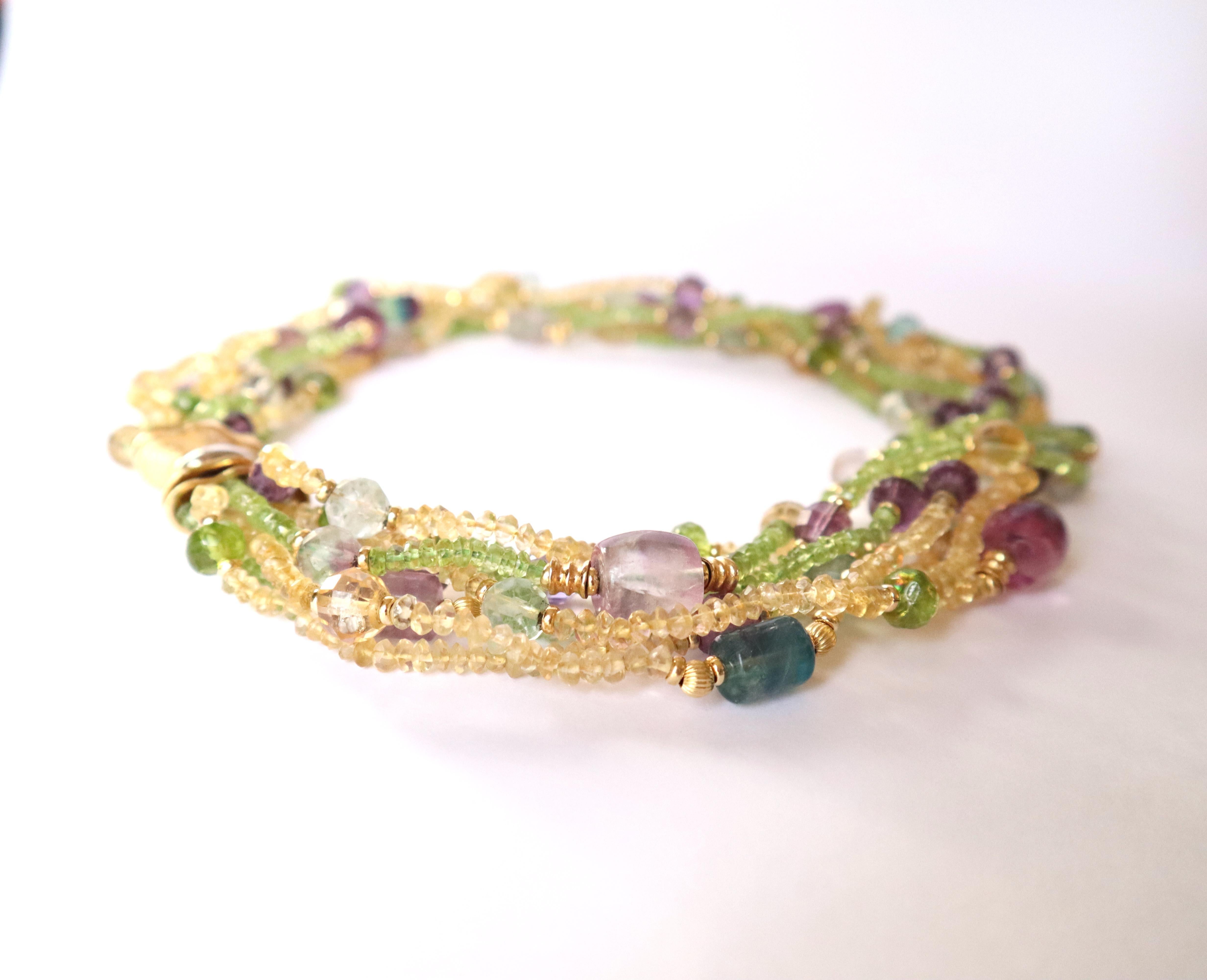 Multi Strand Necklace 18 Kt Yellow Gold Amethyst Peridot Citrine For Sale 1