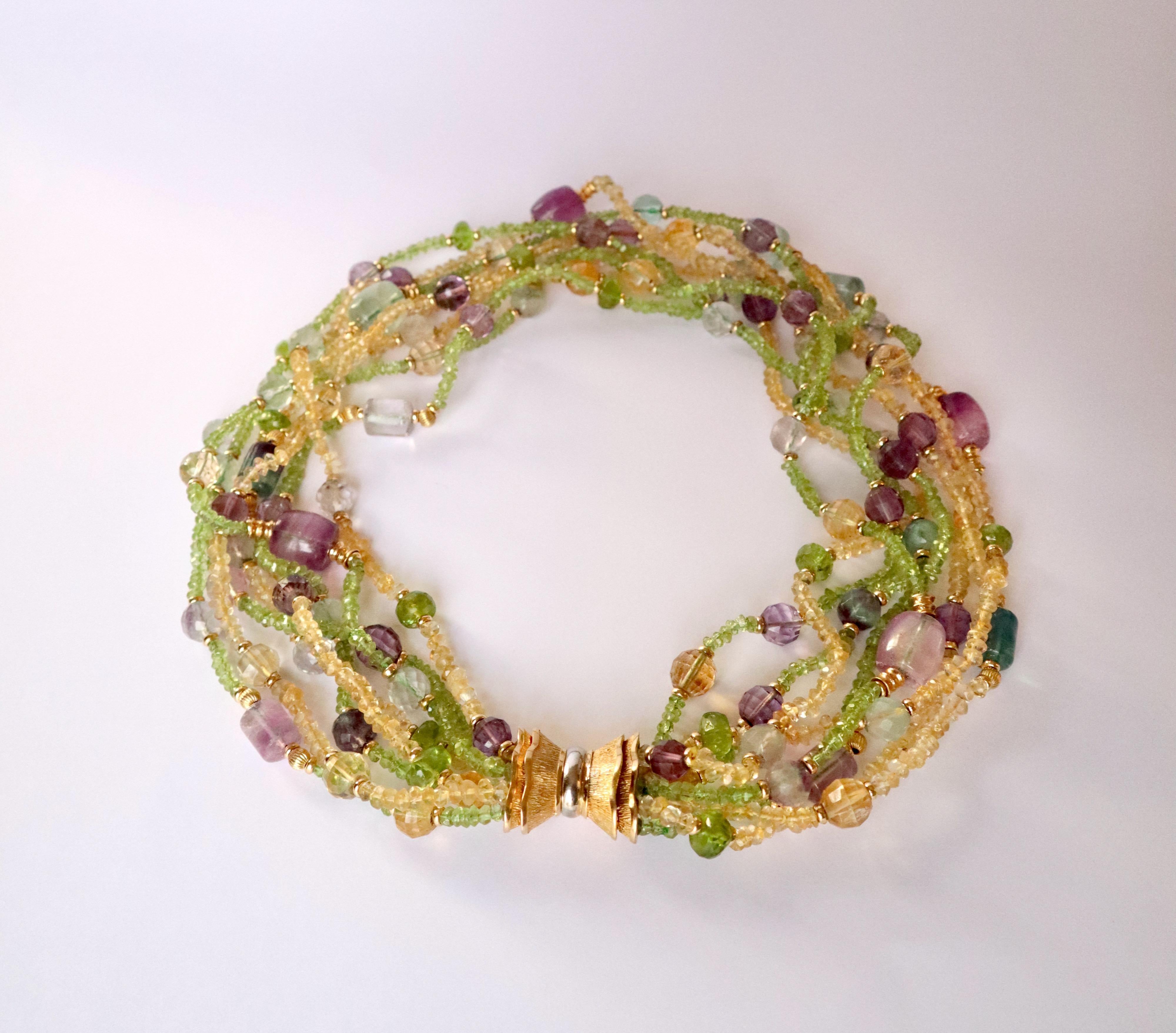 Multi Strand Necklace 18 Kt Yellow Gold Amethyst Peridot Citrine For Sale 2