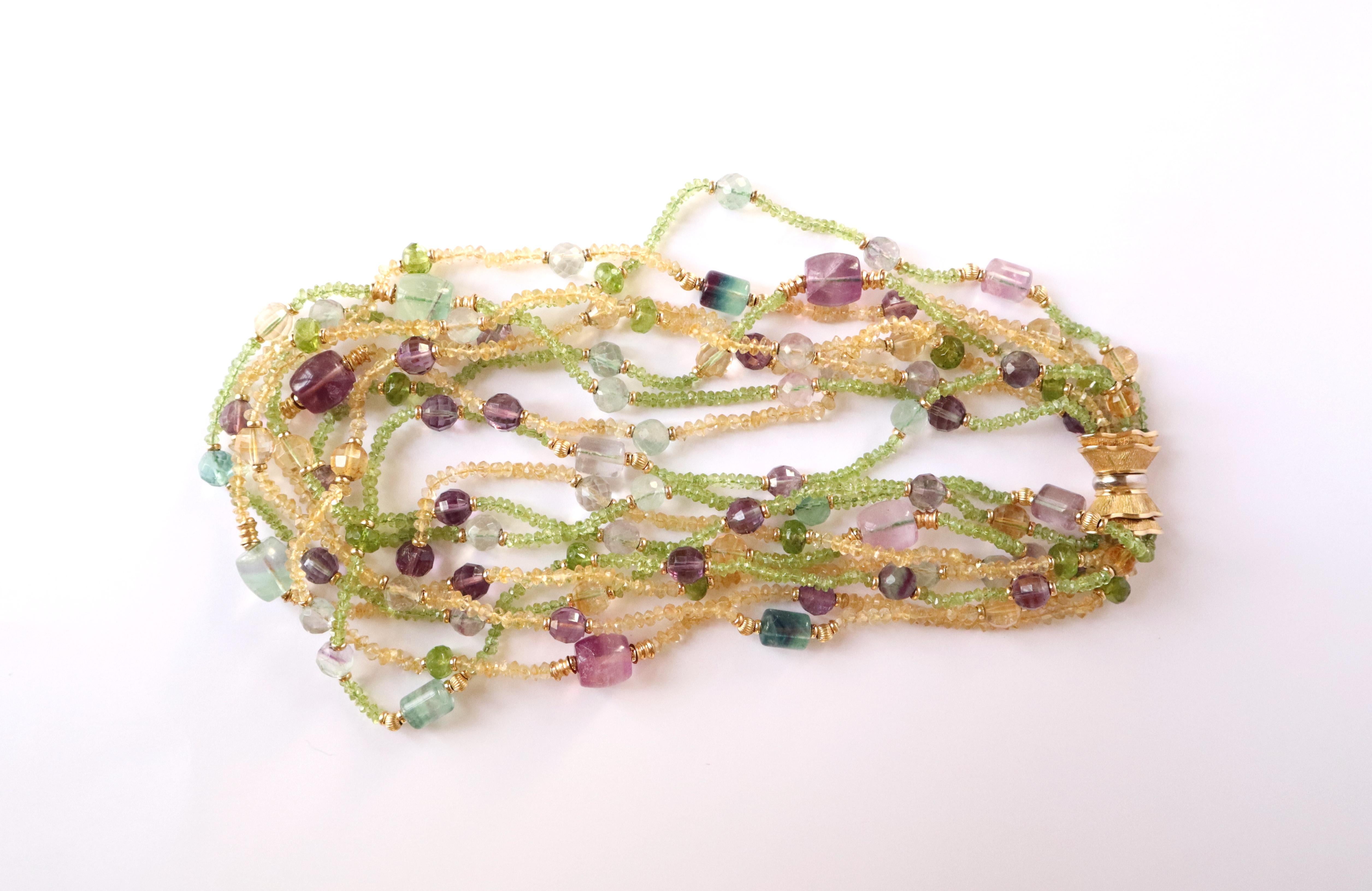 Multi Strand Necklace 18 Kt Yellow Gold Amethyst Peridot Citrine For Sale 3